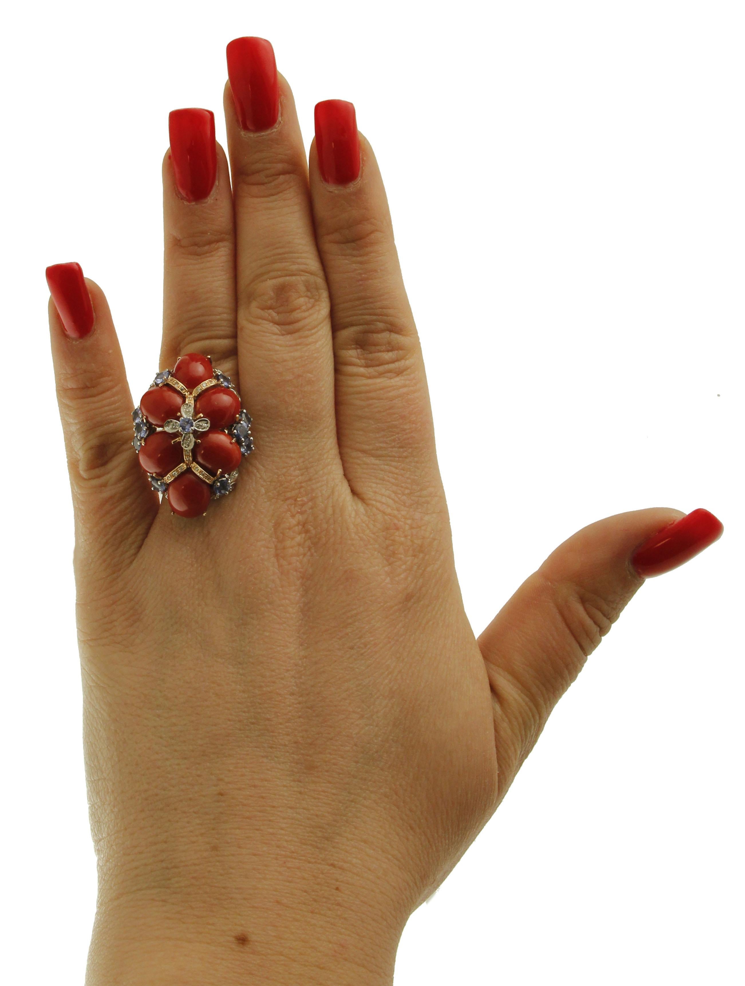 Women's Corals, Tanzanite, Diamonds 14 Karat White and Rose Gold Ring For Sale