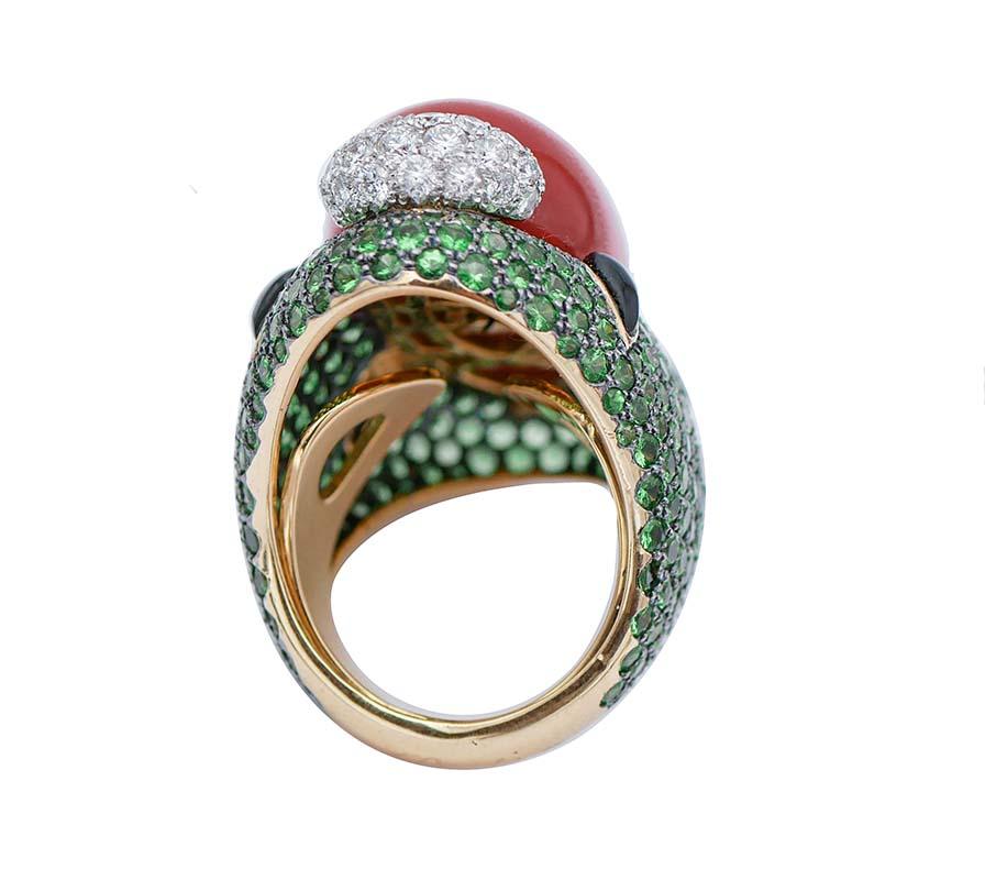 Retro Rubrum Coral, Tsavorite, Diamonds, Onyx, 18 Karat Rose and White Gold Ring