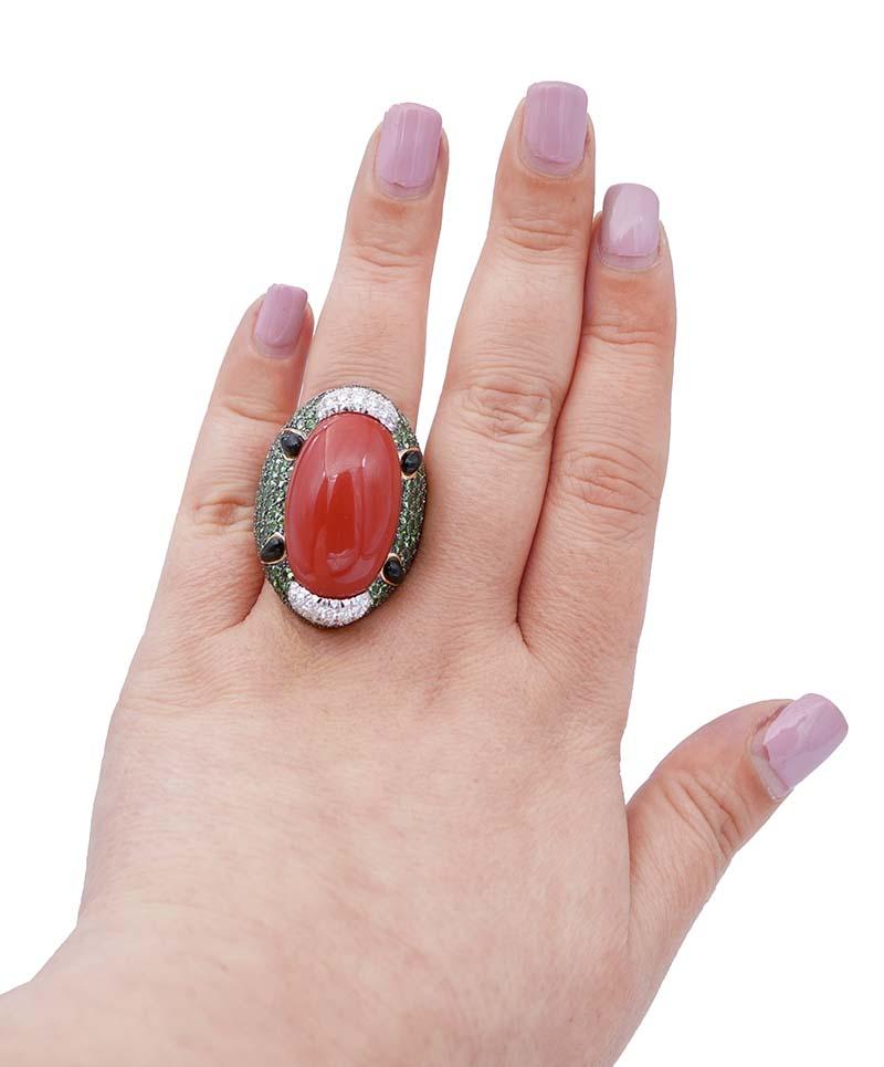 Mixed Cut Rubrum Coral, Tsavorite, Diamonds, Onyx, 18 Karat Rose and White Gold Ring