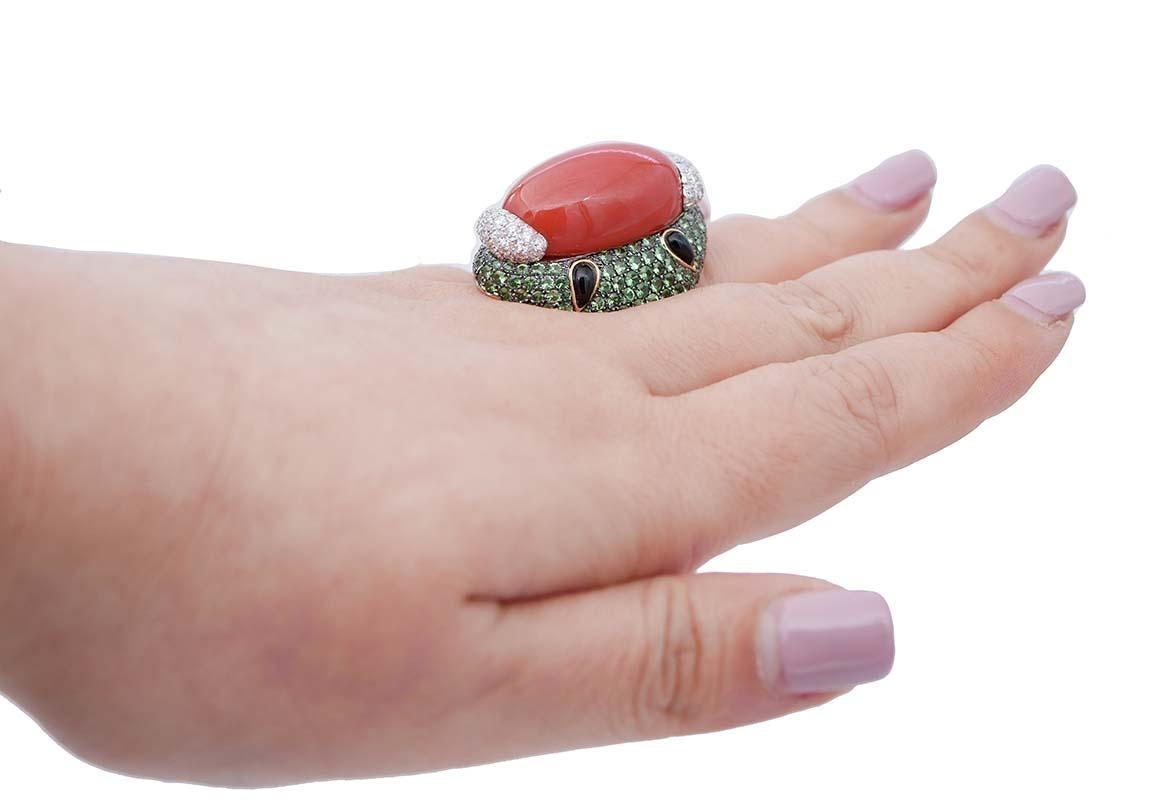 Rubrum Coral, Tsavorite, Diamonds, Onyx, 18 Karat Rose and White Gold Ring In New Condition In Marcianise, Marcianise (CE)