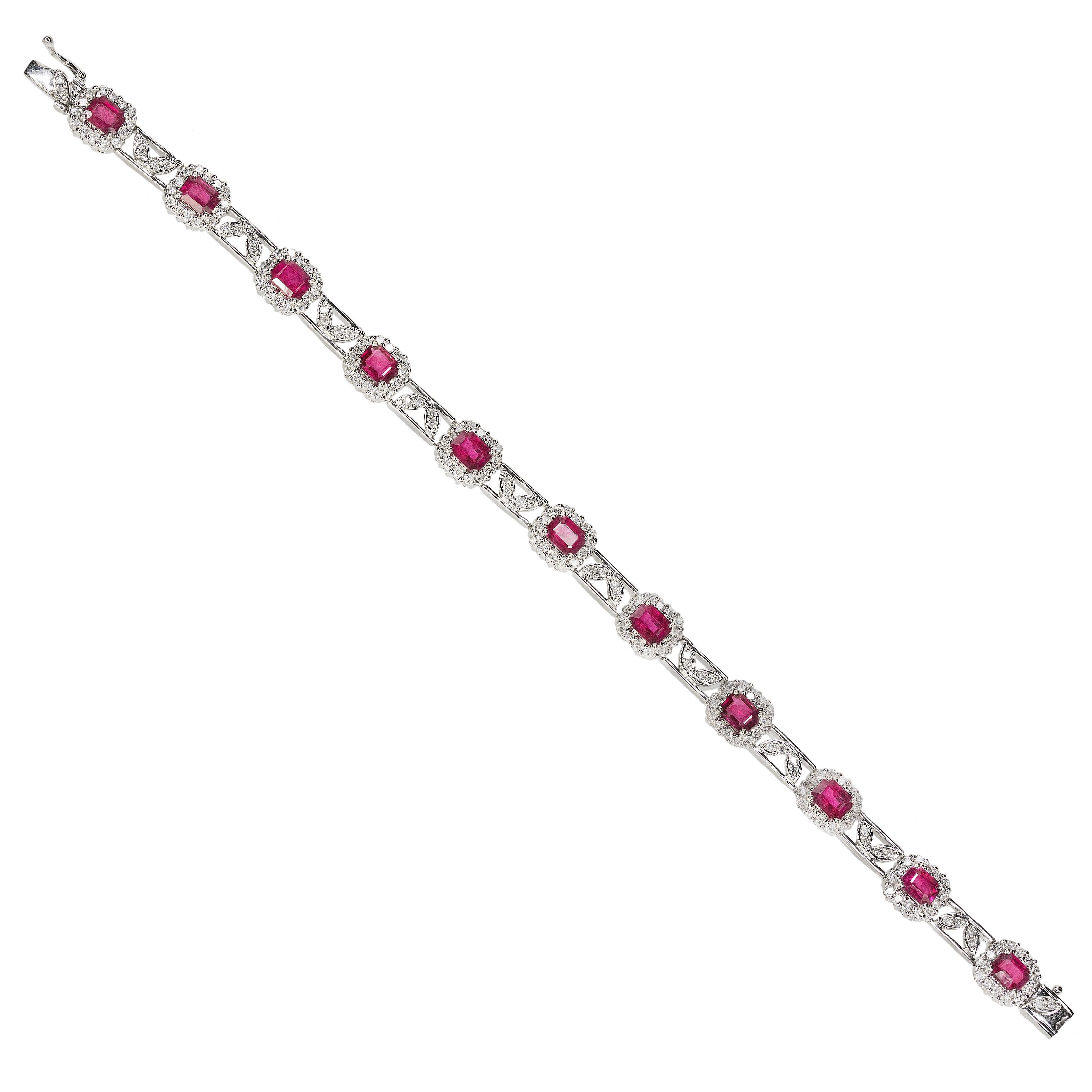 18k White Gold Bracelet containing 11 emerald cut Rubies weighing approximately 8.00 carats and 176 round diamonds weighing approximately 2.00 carats, 18.06g