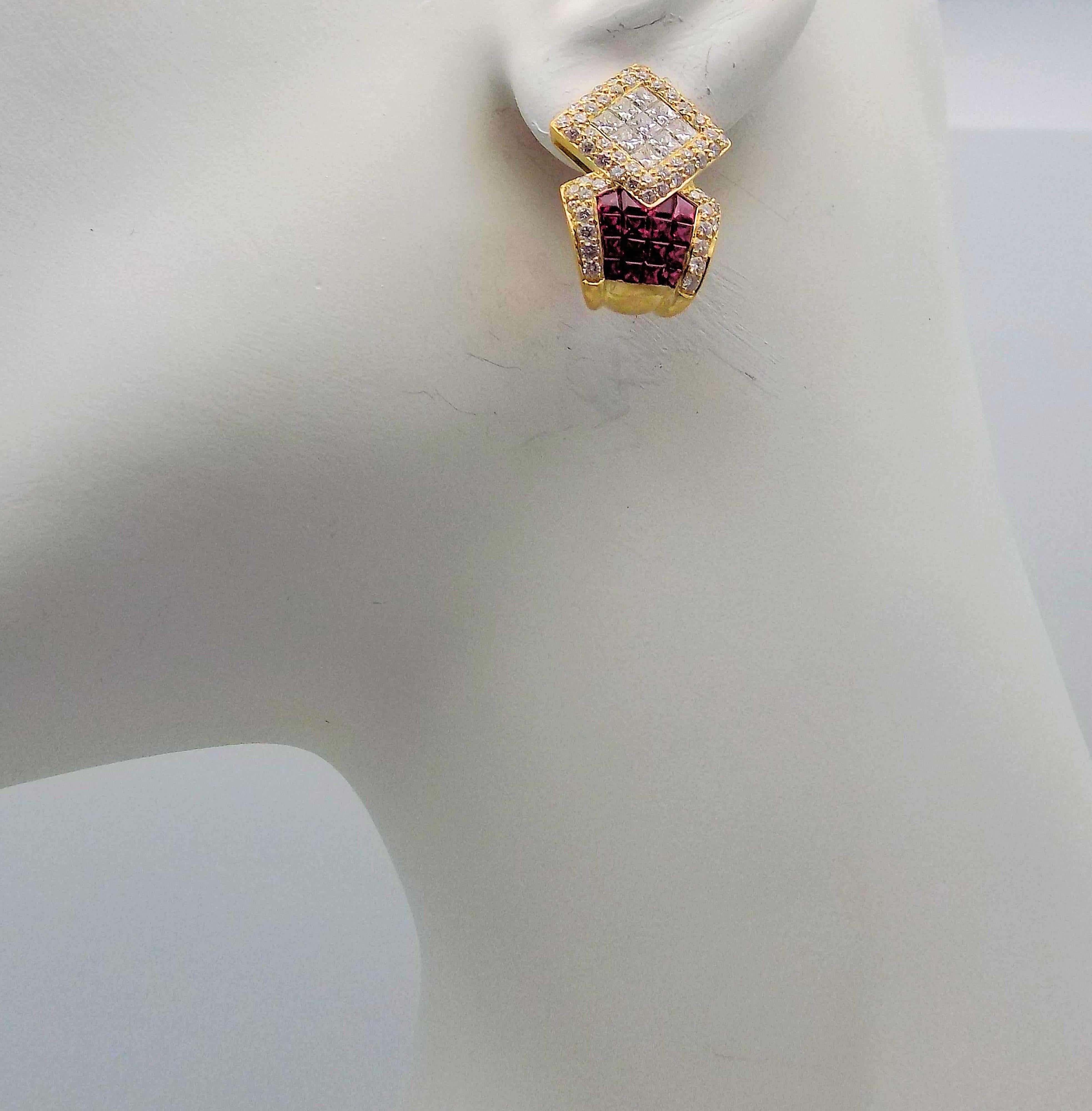 Ruby and Diamond Pierced Earrings In Excellent Condition In Dallas, TX