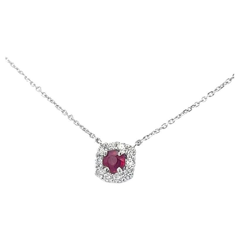 Ruby 0.38 CT & Diamond 0.33 CT Pendant Necklace In 14K White Gold  For Sale