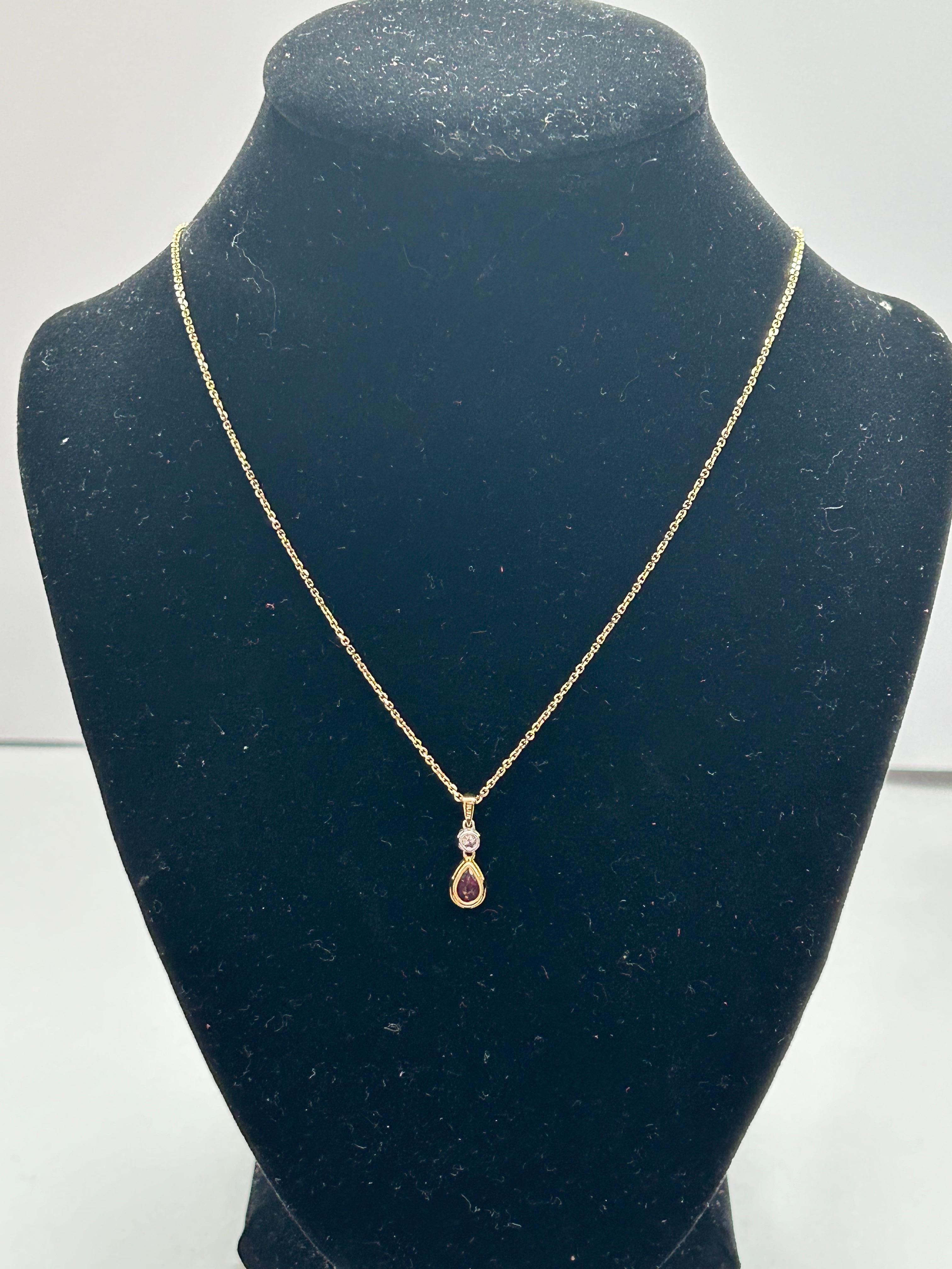 Women's or Men's Ruby (0.53ct)  & Diamond (0.06ct) Pendant, 18ct Yellow & White Gold, 9ct Chain. For Sale
