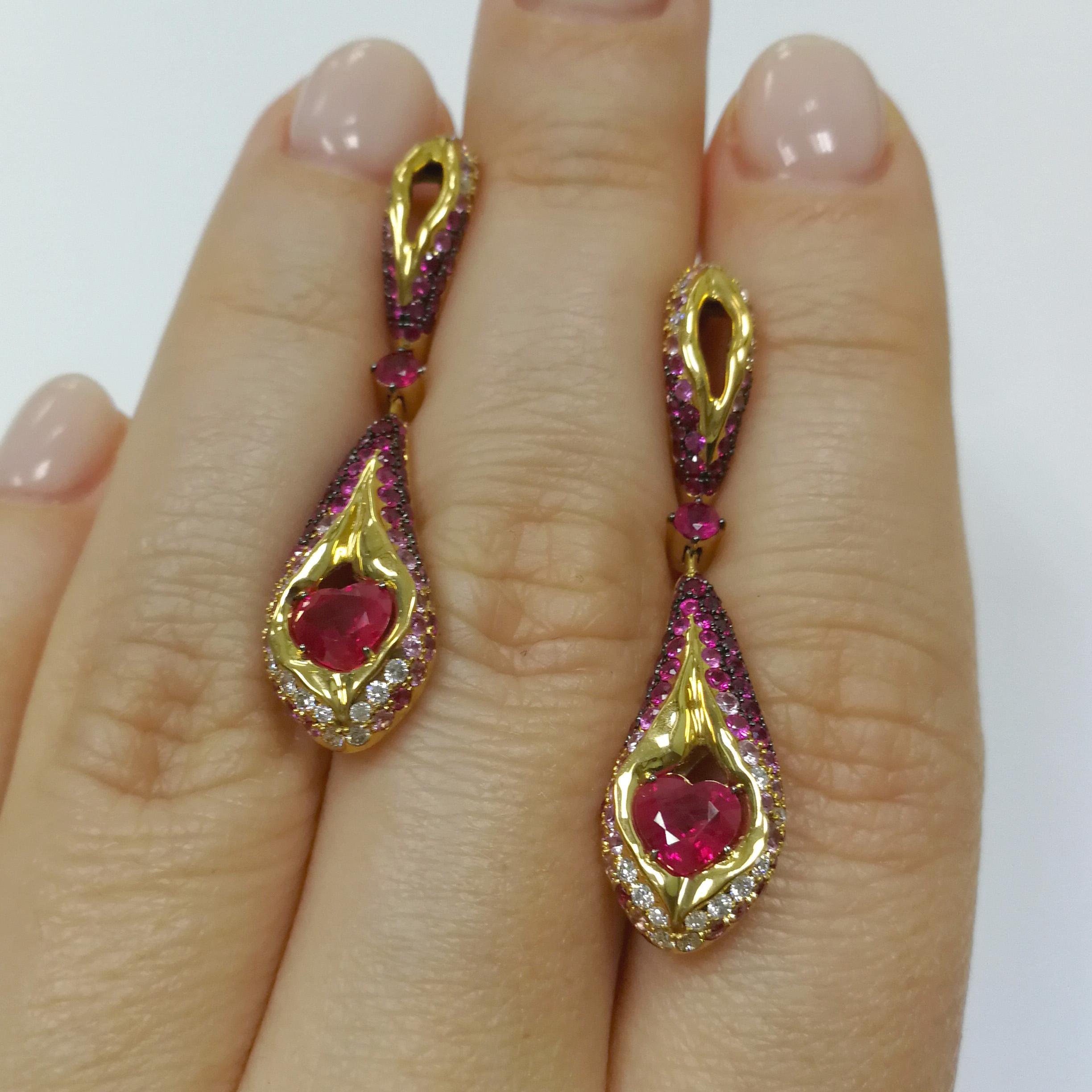 Contemporary Ruby 1.14 Carat Pink Sapphires Diamonds 18 Karat Yellow Gold Heartbeat Earrings For Sale