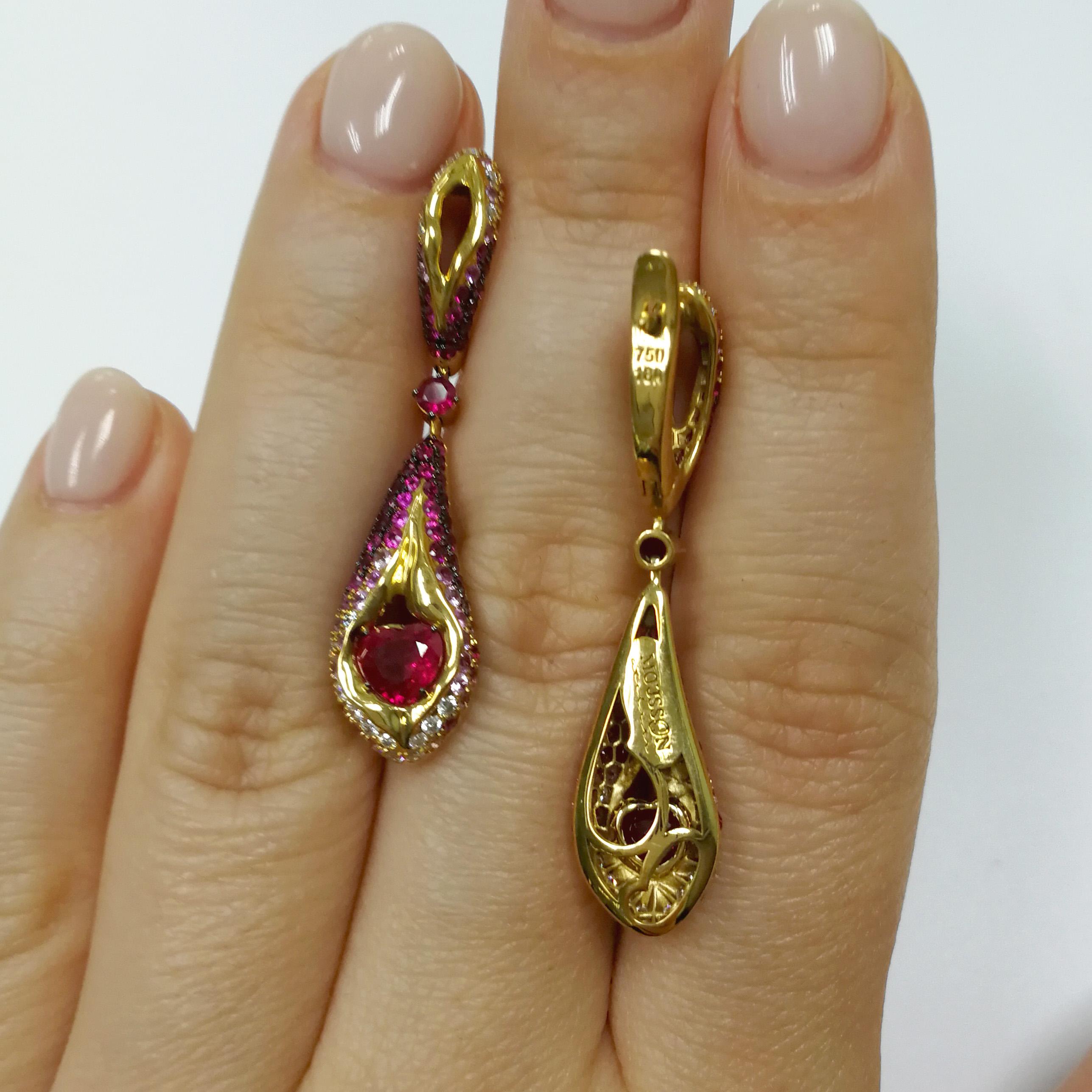 Ruby 1.14 Carat Pink Sapphires Diamonds 18 Karat Yellow Gold Heartbeat Earrings In New Condition For Sale In Bangkok, TH