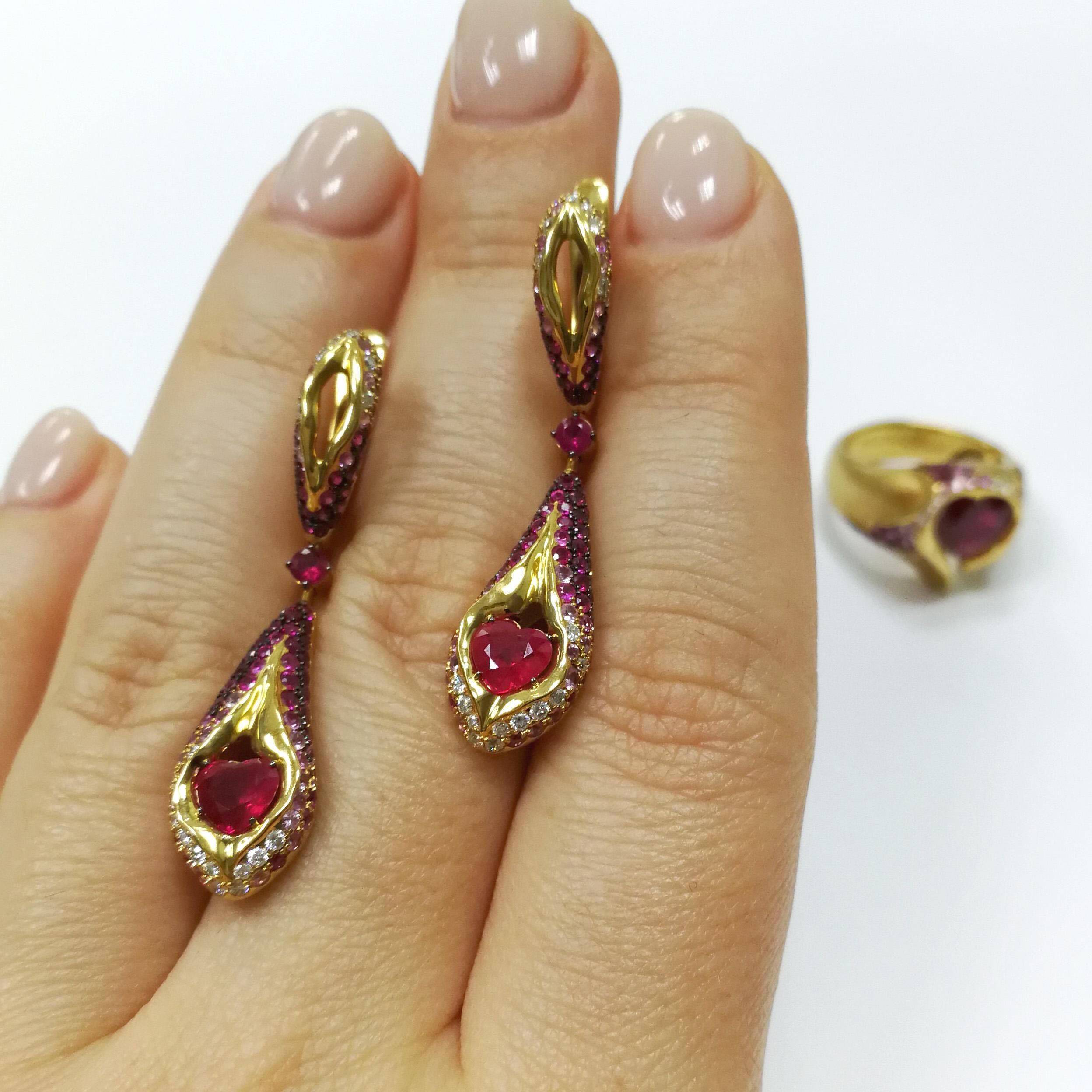 Ruby 1.14 Carat Pink Sapphires Diamonds 18 Karat Yellow Gold Heartbeat Earrings For Sale 1