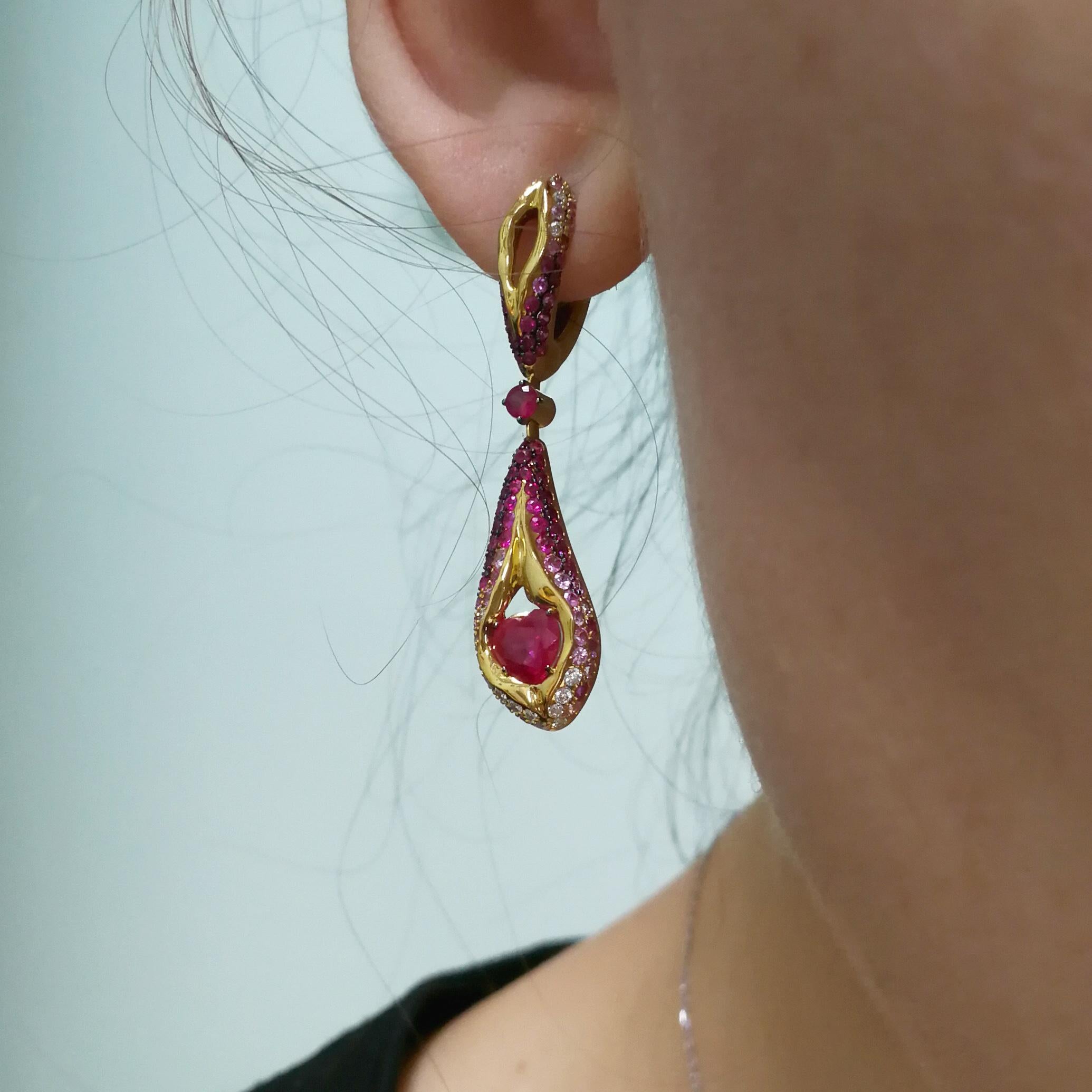 Ruby 1.14 Carat Pink Sapphires Diamonds 18 Karat Yellow Gold Heartbeat Earrings For Sale 2