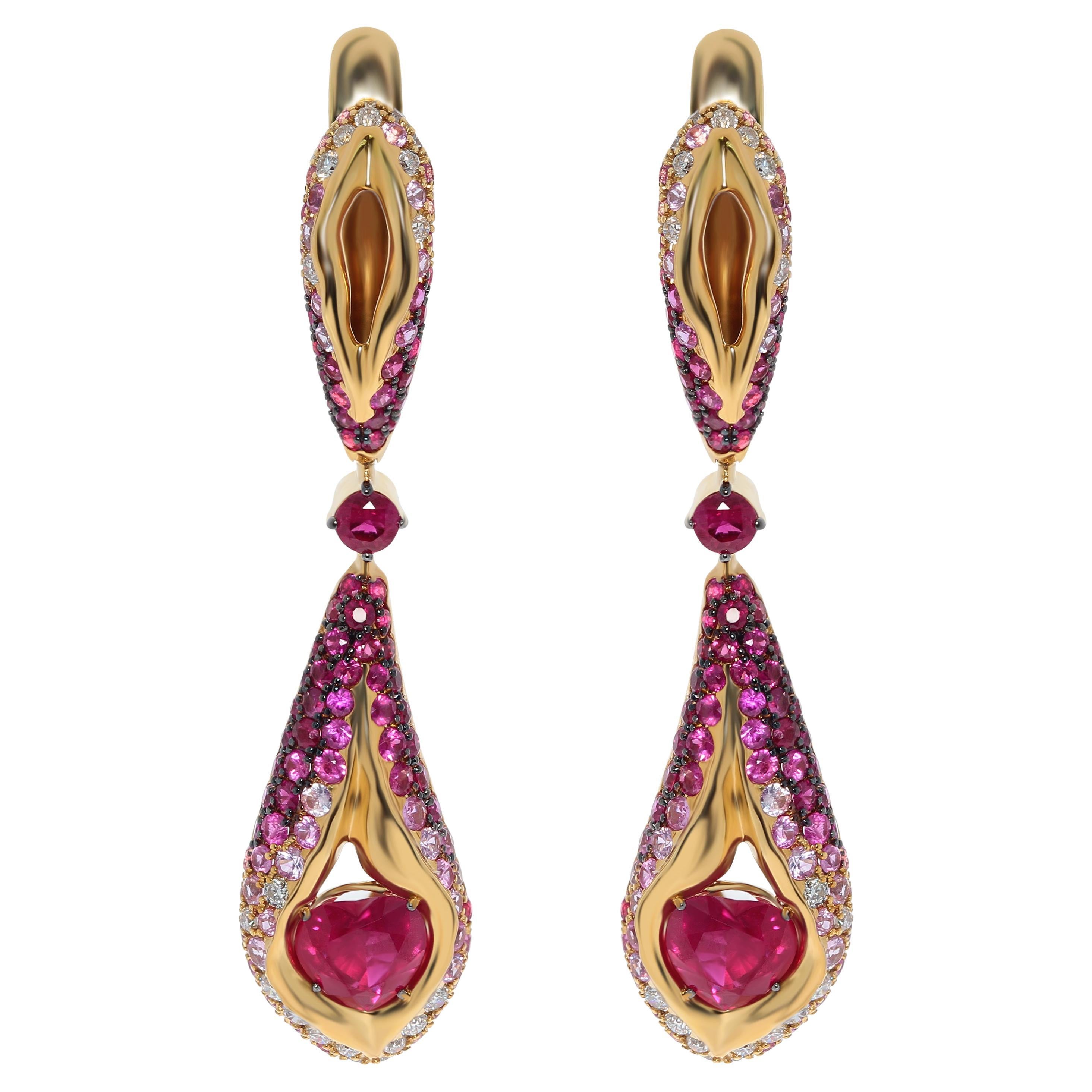 Ruby 1.14 Carat Pink Sapphires Diamonds 18 Karat Yellow Gold Heartbeat Earrings For Sale