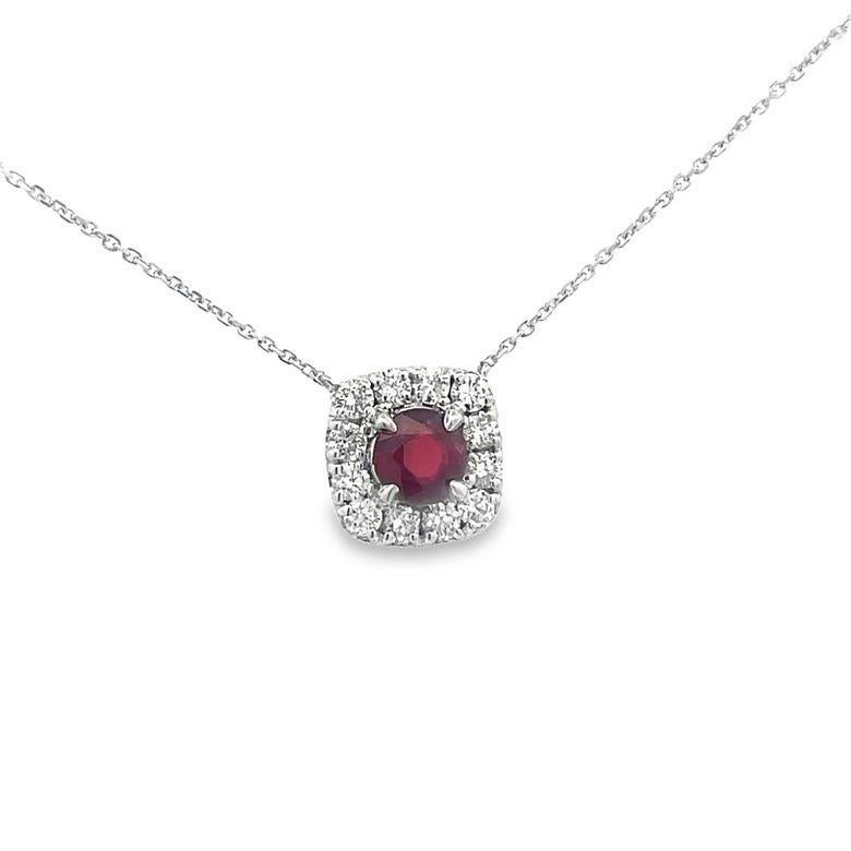 Brilliant Cut Ruby 1.21 CT & Diamond 0.68 CT Pendant Necklace In 14K White Gold  For Sale