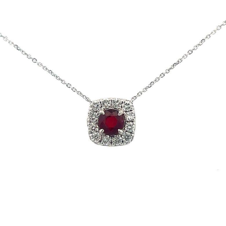 Ruby 1.21 CT & Diamond 0.68 CT Pendant Necklace In 14K White Gold  In New Condition For Sale In New York, NY
