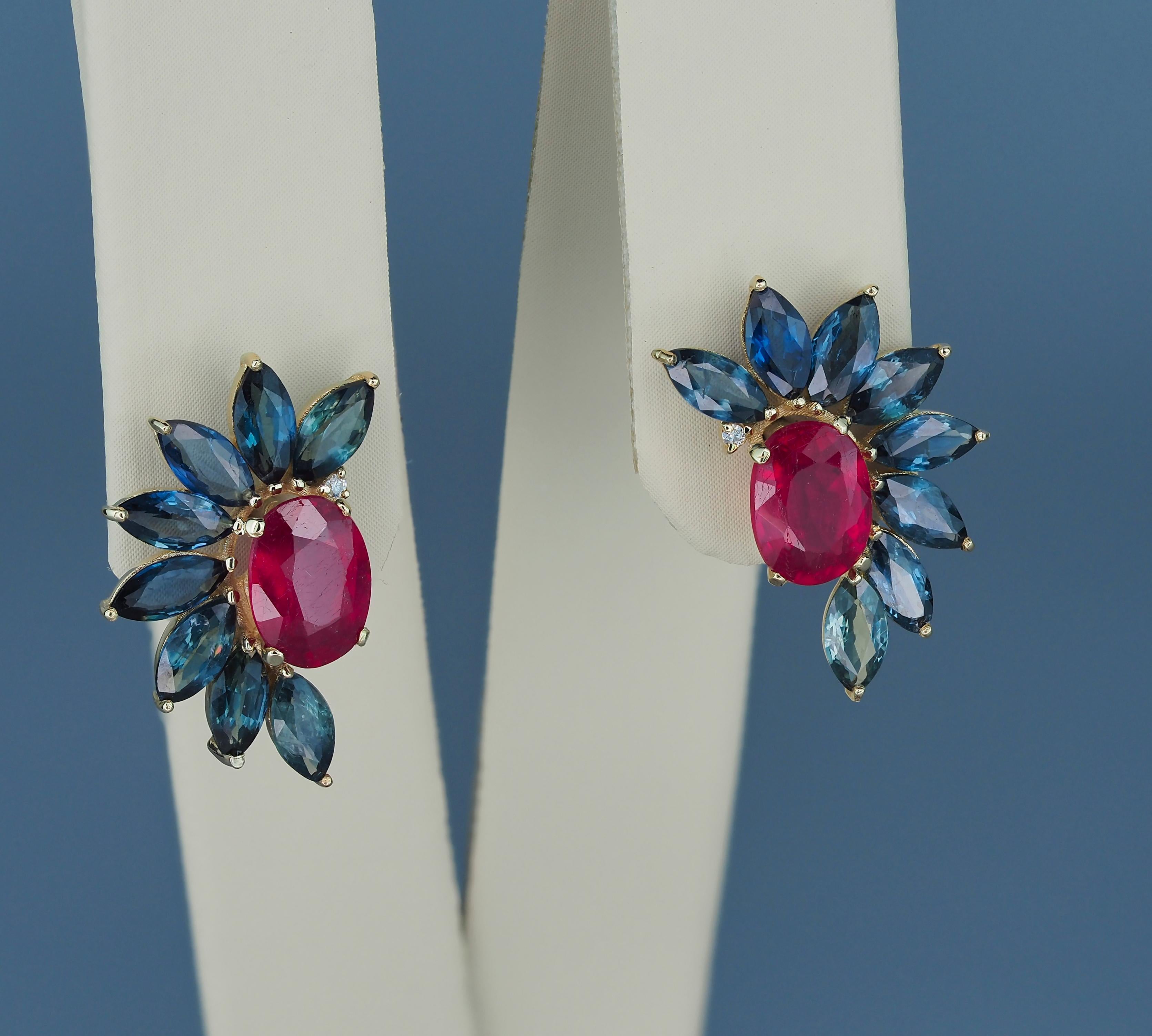 Ruby 14k Gold Earrings Studs. Sapphire Earrings Studs in 14k Gold In New Condition For Sale In Istanbul, TR