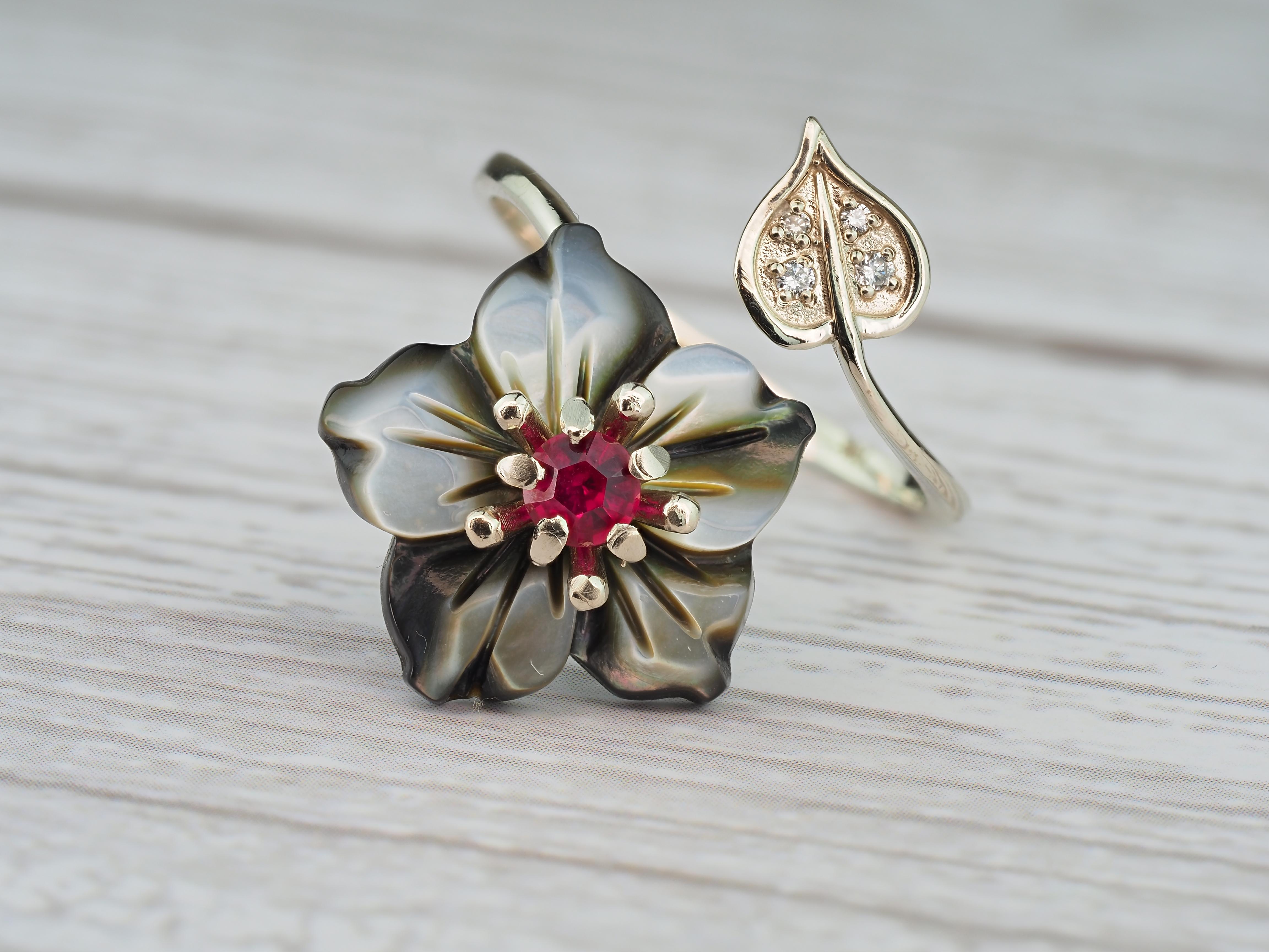 For Sale:  Ruby 14k Gold Ring with Carved Mother of Pearl Flower, Ruby Gold Ring 10