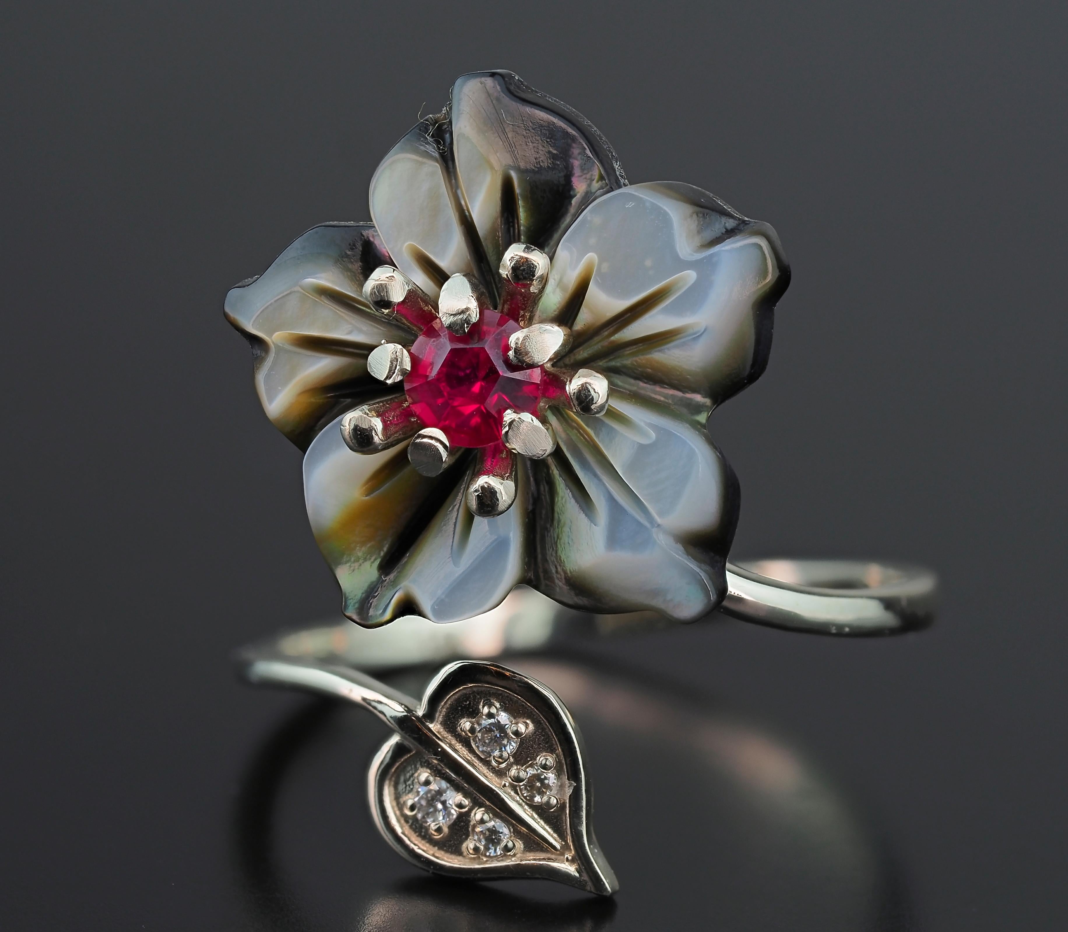 For Sale:  Ruby 14k Gold Ring with Carved Mother of Pearl Flower, Ruby Gold Ring 2
