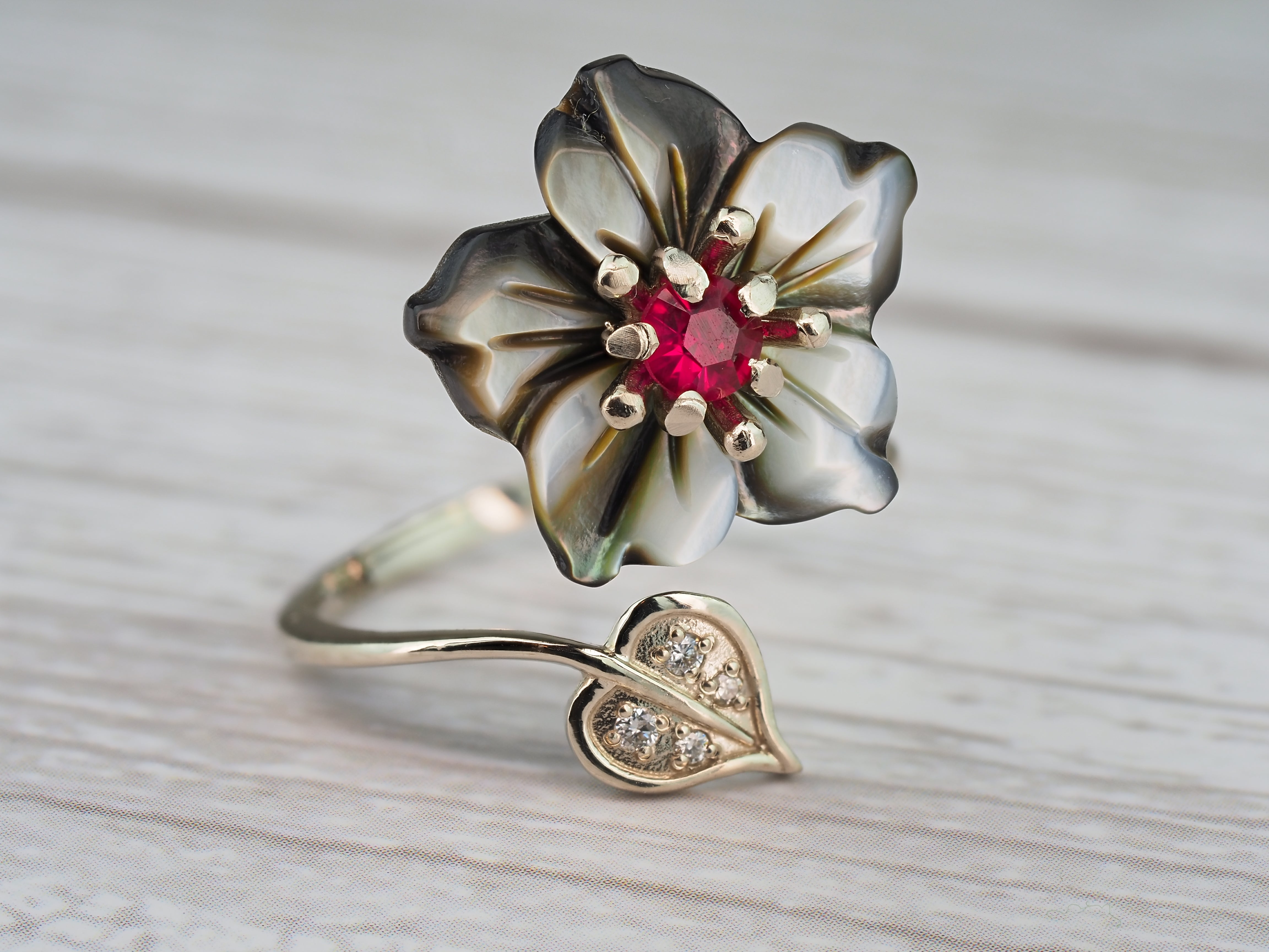 For Sale:  Ruby 14k Gold Ring with Carved Mother of Pearl Flower, Ruby Gold Ring 3