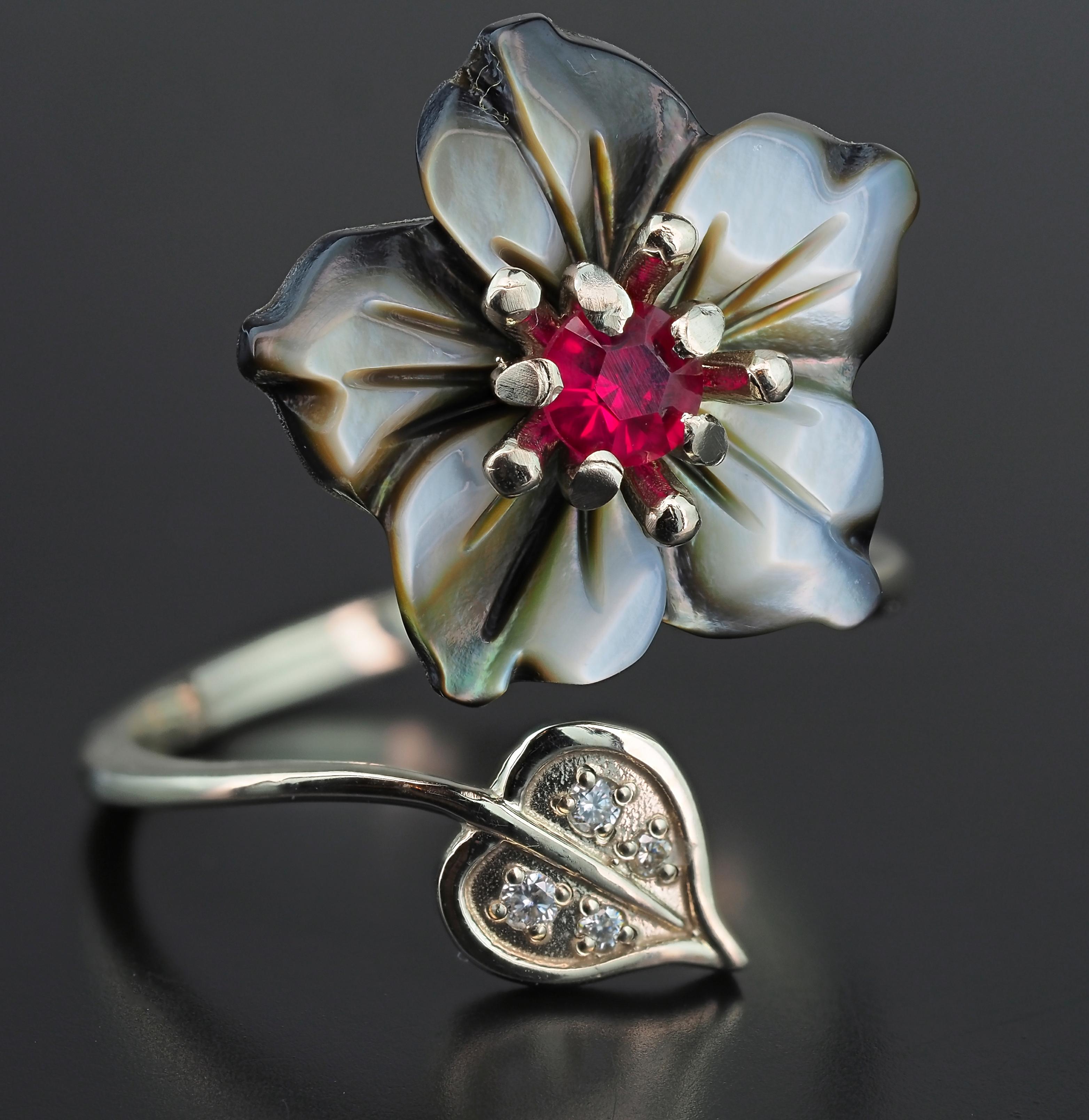 For Sale:  Ruby 14k Gold Ring with Carved Mother of Pearl Flower, Ruby Gold Ring 4