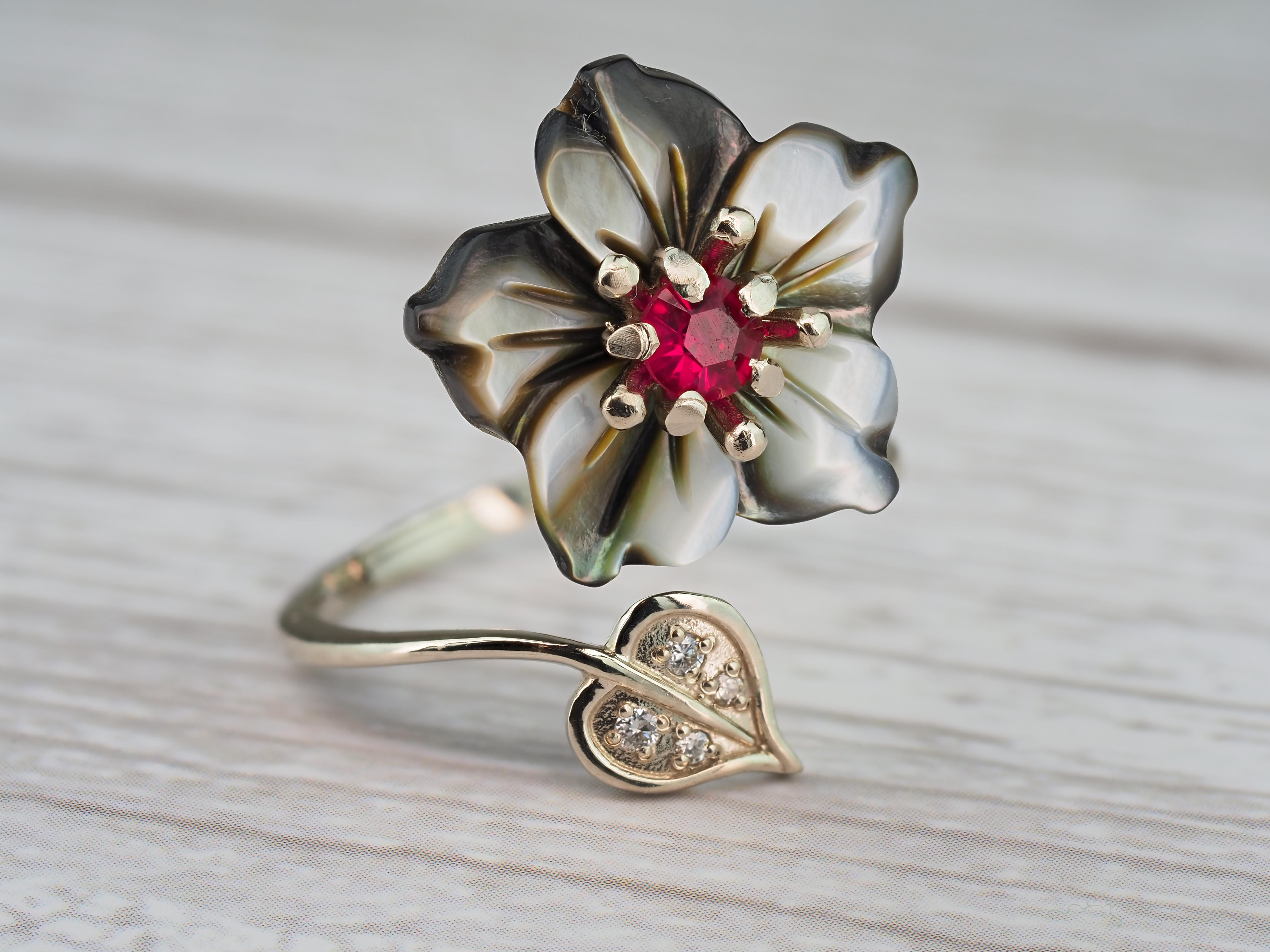 For Sale:  Ruby 14k Gold Ring with Carved Mother of Pearl Flower, Ruby Gold Ring 7