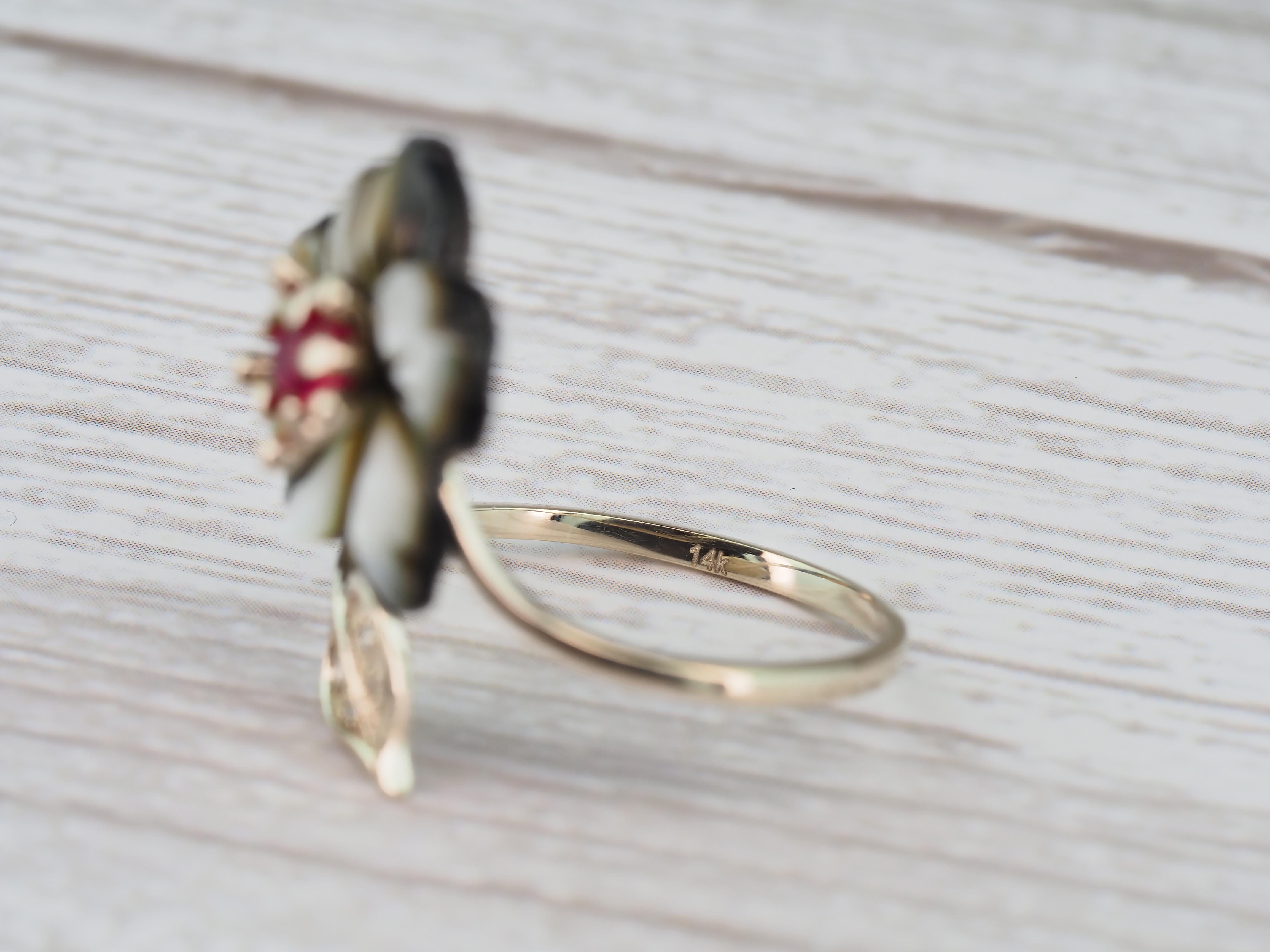 For Sale:  Ruby 14k Gold Ring with Carved Mother of Pearl Flower, Ruby Gold Ring 8