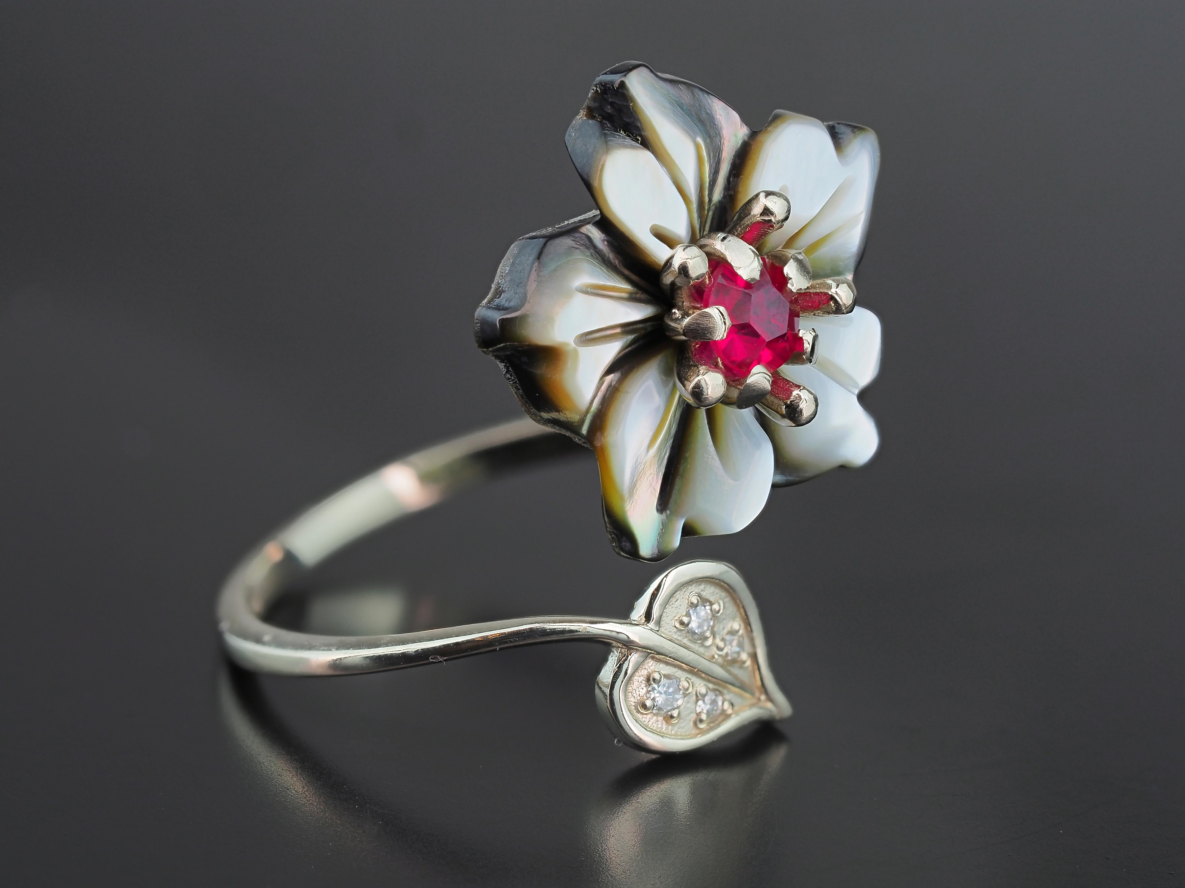 For Sale:  Ruby 14k Gold Ring with Carved Mother of Pearl Flower, Ruby Gold Ring 9