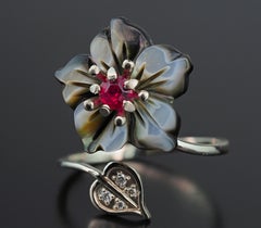Ruby 14k Gold Ring with Carved Mother of Pearl Flower, Ruby Gold Ring