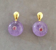 Boucles d'oreilles Améthyste en or jaune 14 carats en forme de goutte plate et de roue supérieure