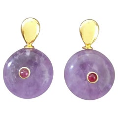 Ruby 14K Yellow Gold Flat Drop Shape Top Wheel Shape Amethyst Stud Earrings