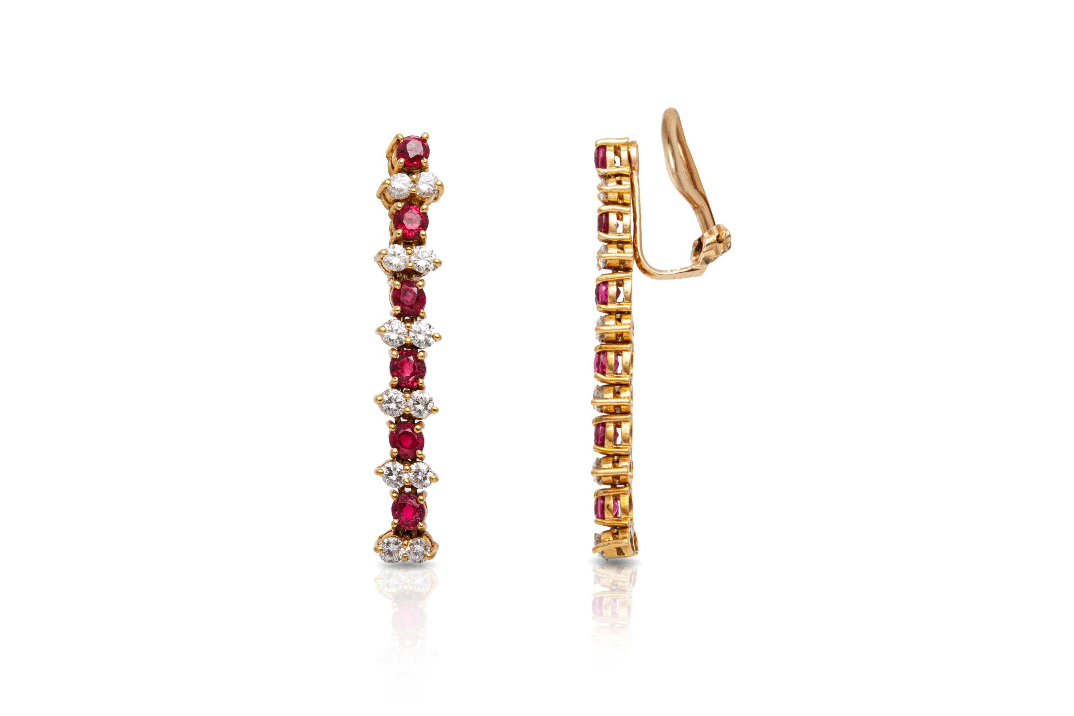Women's Ruby 14 Karat Yellow Gold with Diamonds Drop Earrings For Sale