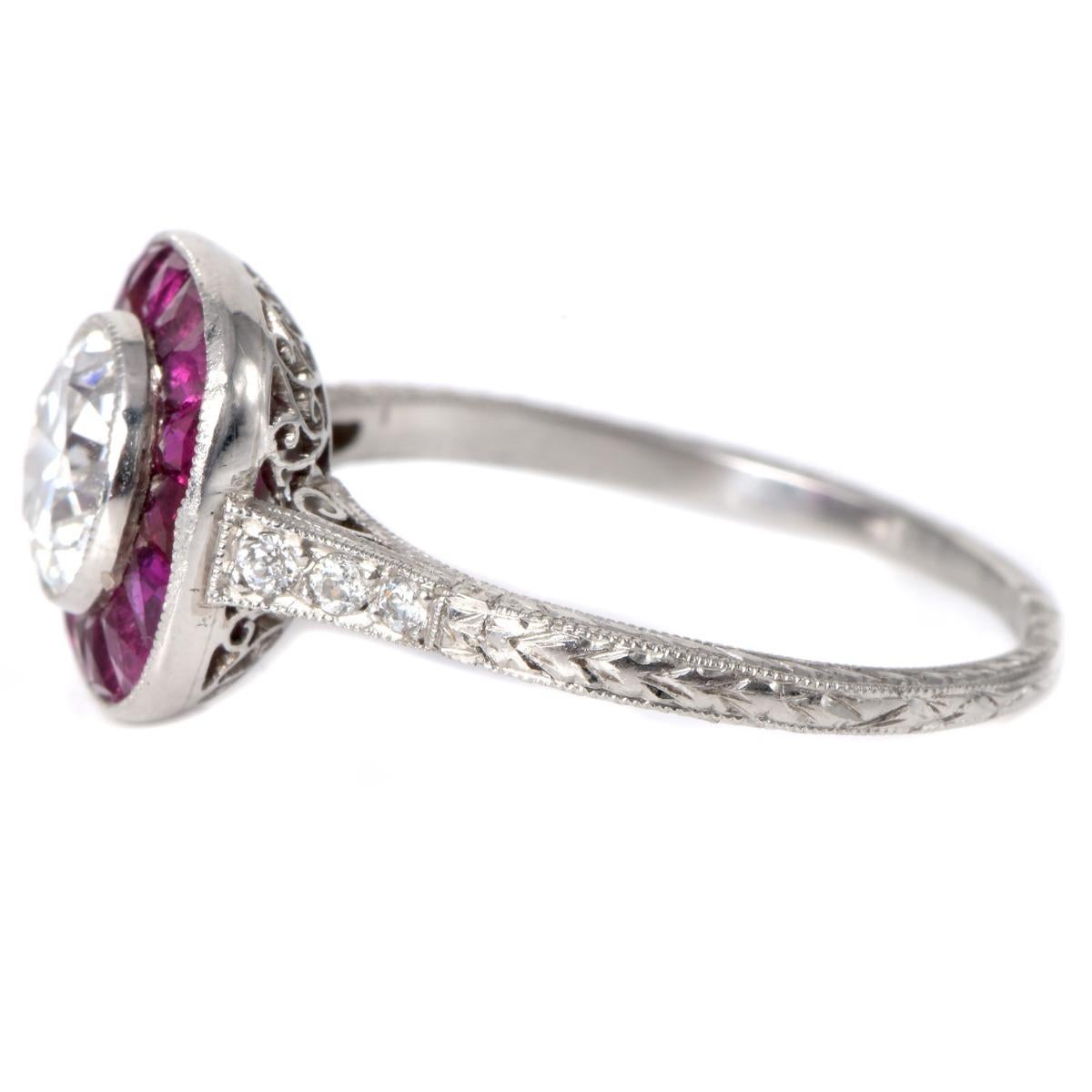 Art Deco Ruby 1.63cttw Diamond Platinum Halo Engagement Ring For Sale