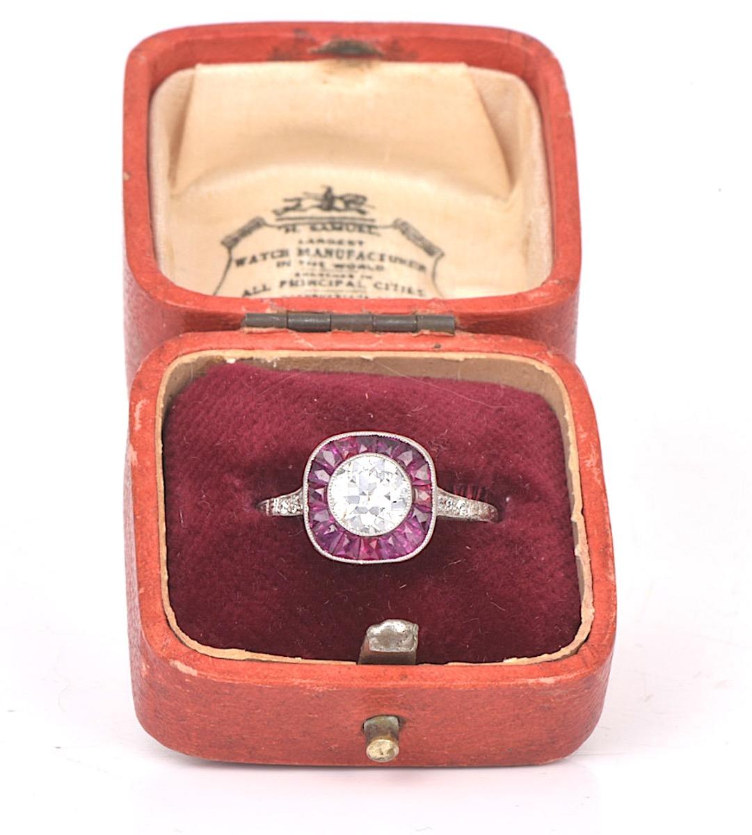 Old European Cut Ruby 1.63cttw Diamond Platinum Halo Engagement Ring For Sale