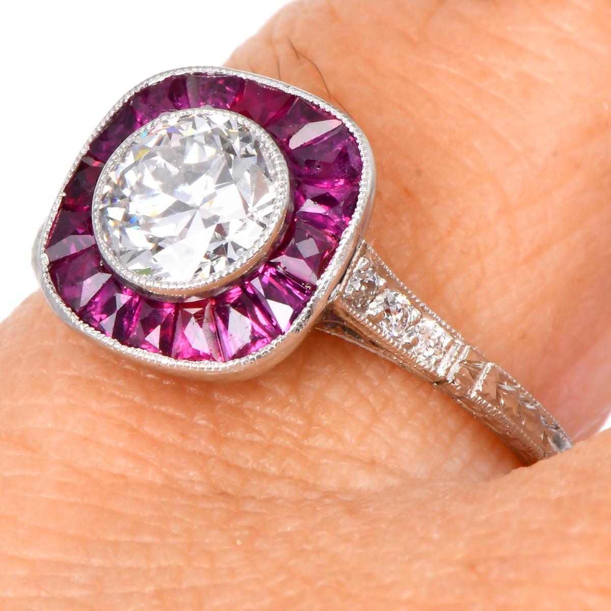 Women's Ruby 1.63cttw Diamond Platinum Halo Engagement Ring For Sale