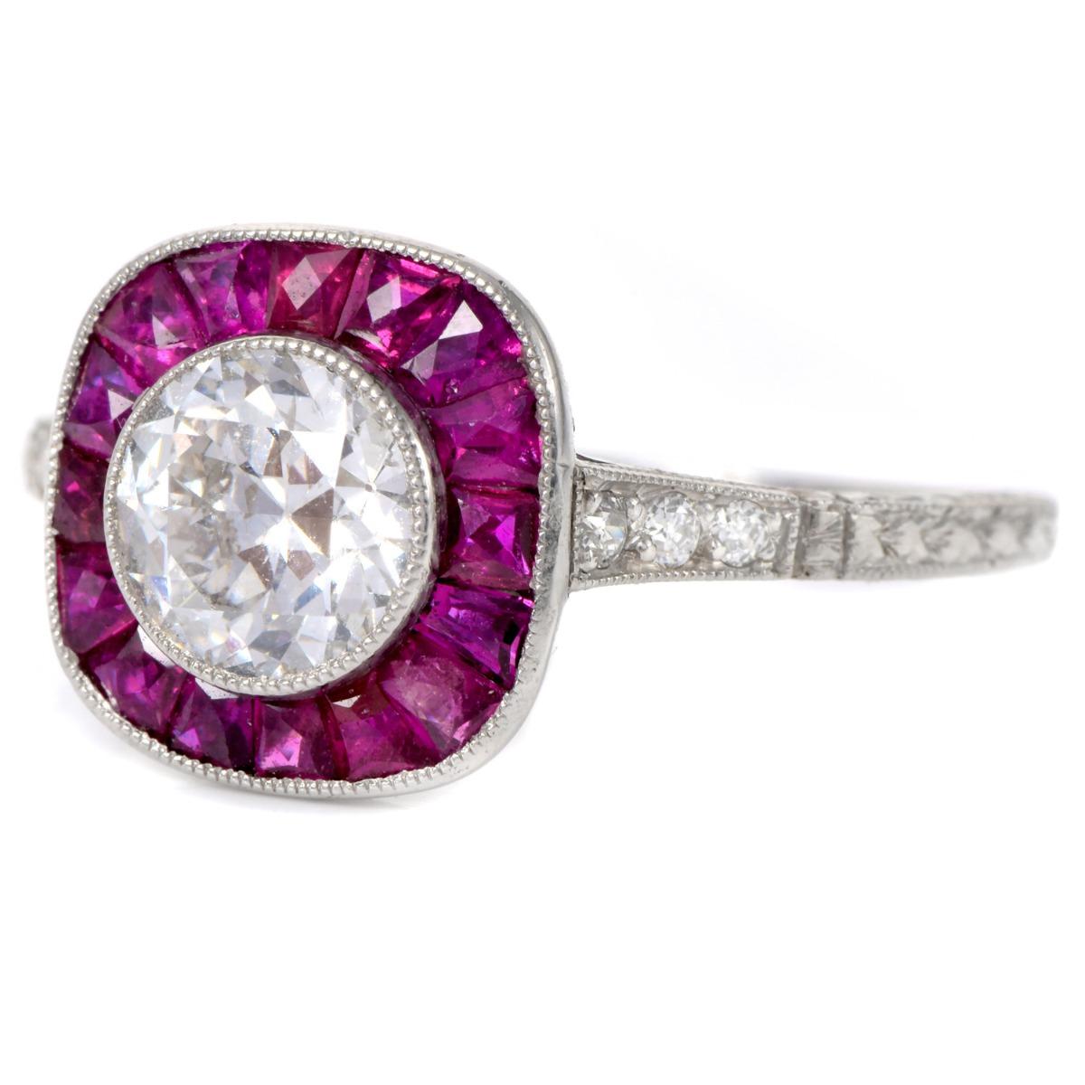 Ruby 1.63cttw Diamond Platinum Halo Engagement Ring For Sale 2