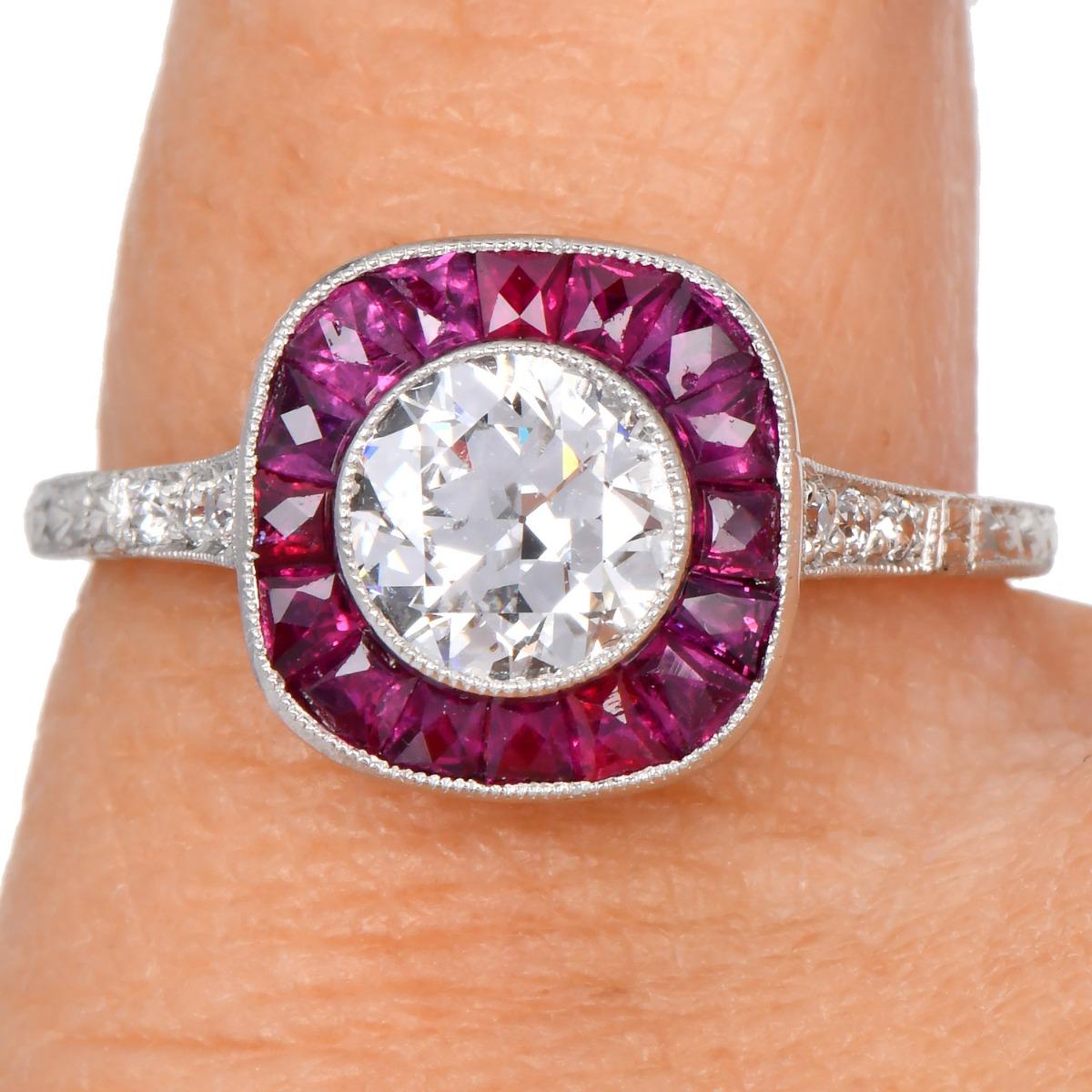 Ruby 1.63cttw Diamond Platinum Halo Engagement Ring For Sale 3