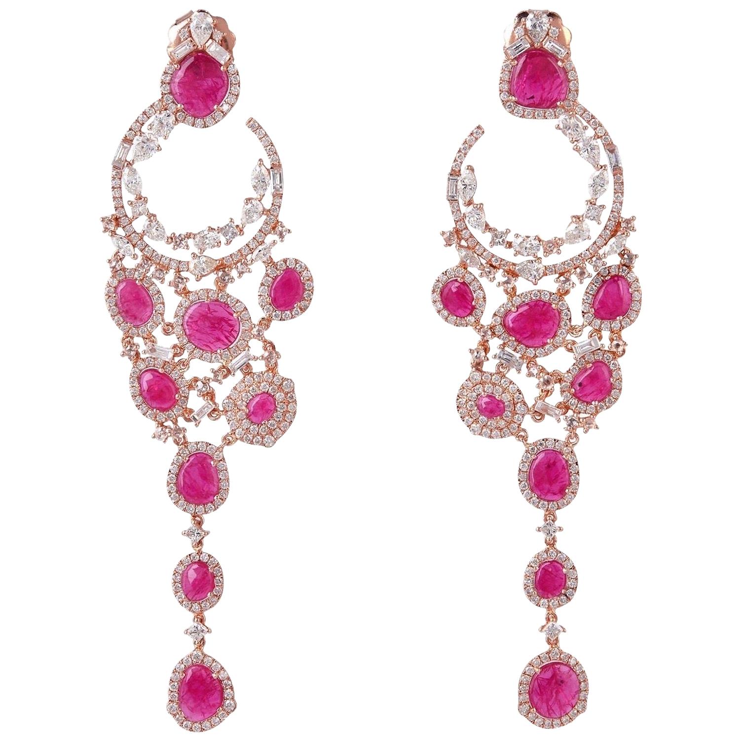 Ruby 18 Karat Gold Diamond Chandelier Earrings For Sale