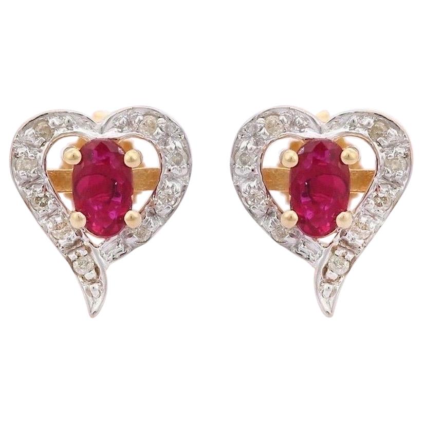 Ruby Diamond 18 Karat Gold Heart Stud Earrings For Sale