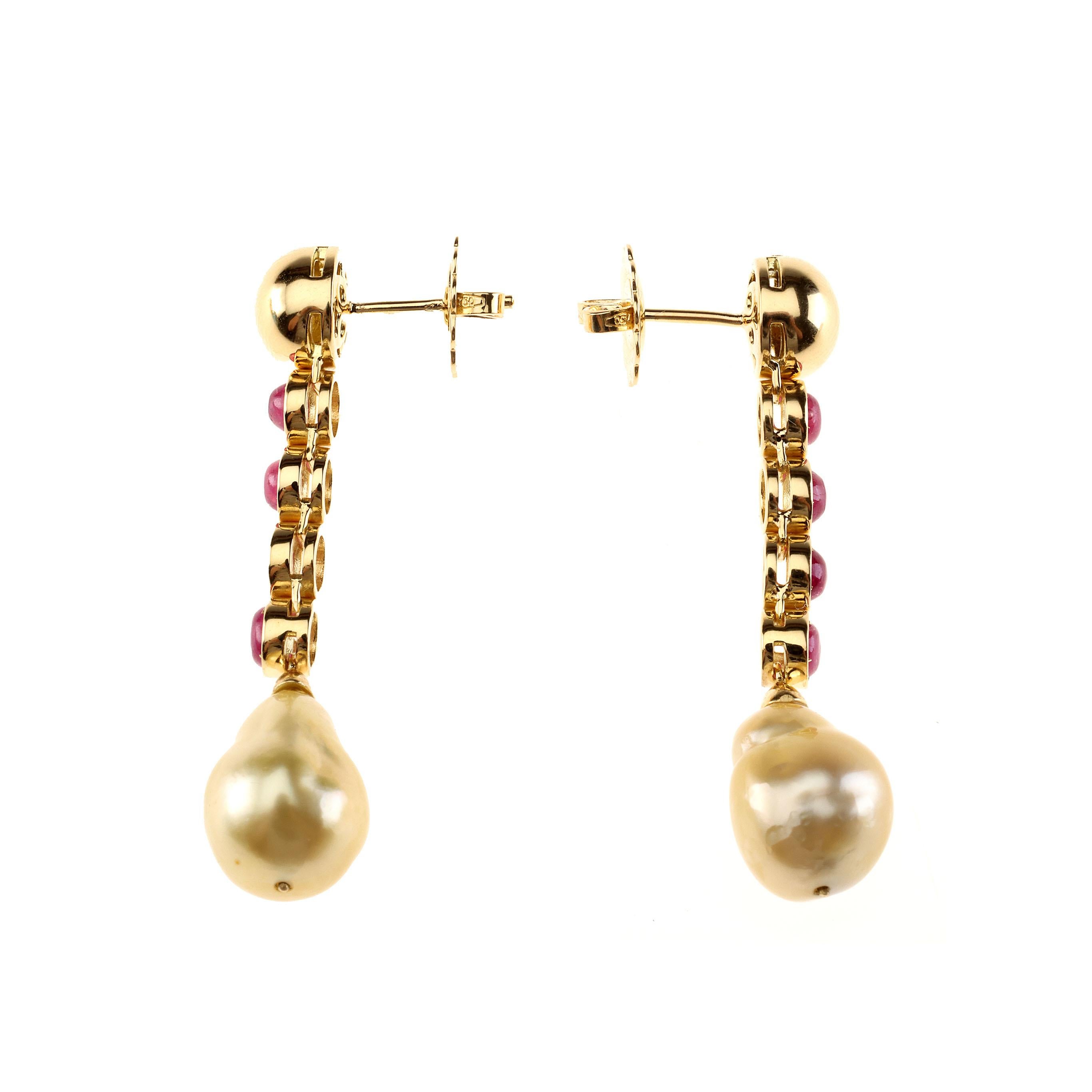 Artisan Ruby 18 Karat Gold Natural Gold Pearls Earrings For Sale