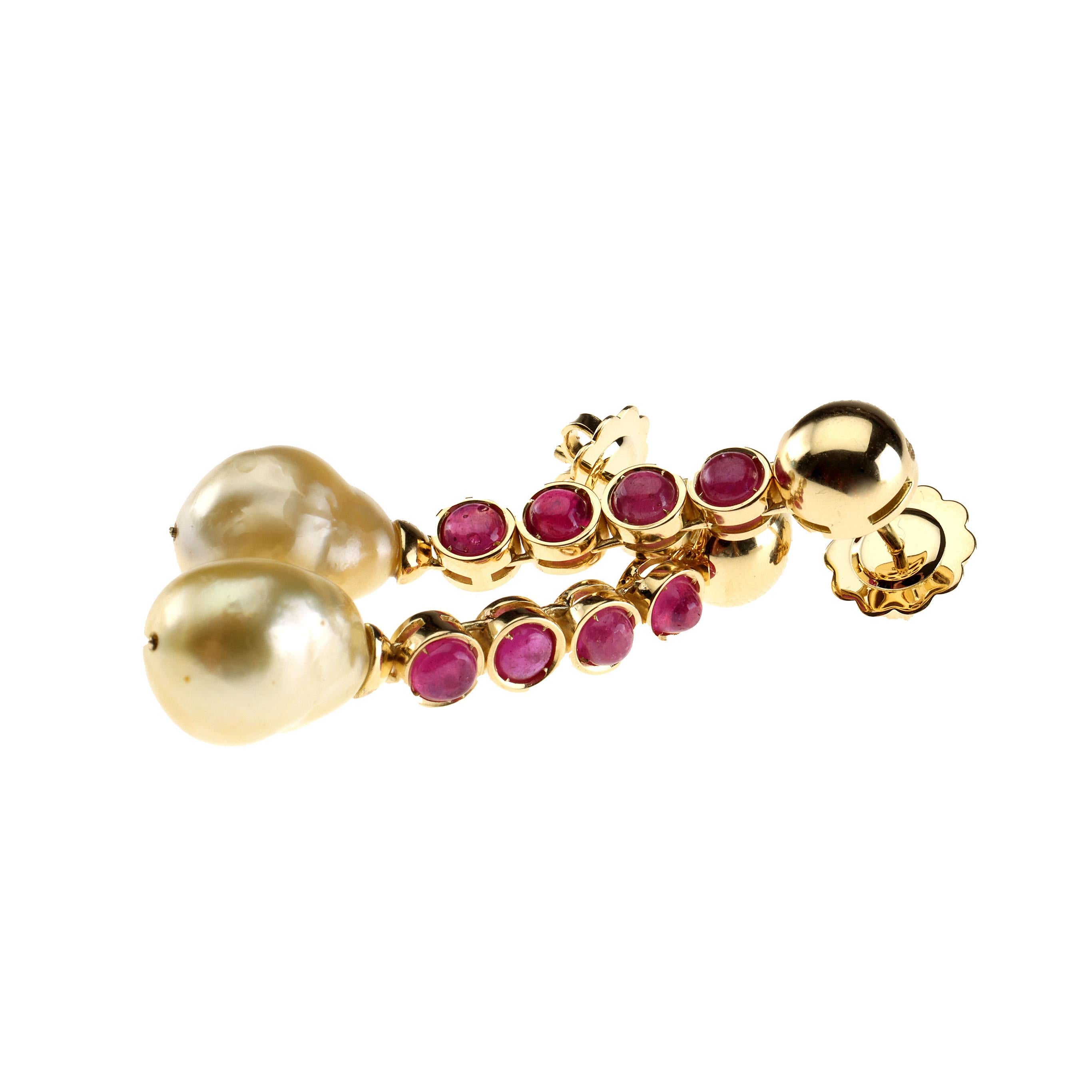 Cabochon Ruby 18 Karat Gold Natural Gold Pearls Earrings For Sale