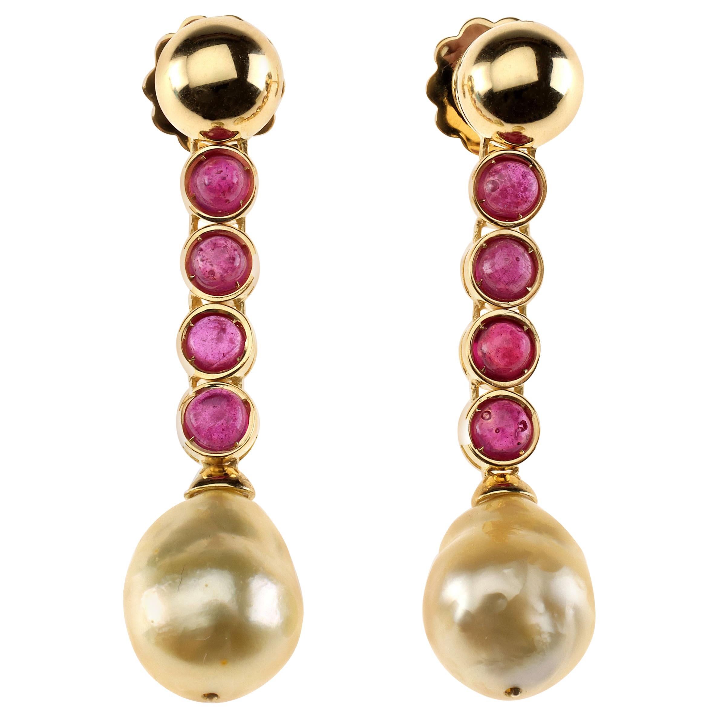 Ruby 18 Karat Gold Natural Gold Pearls Earrings For Sale