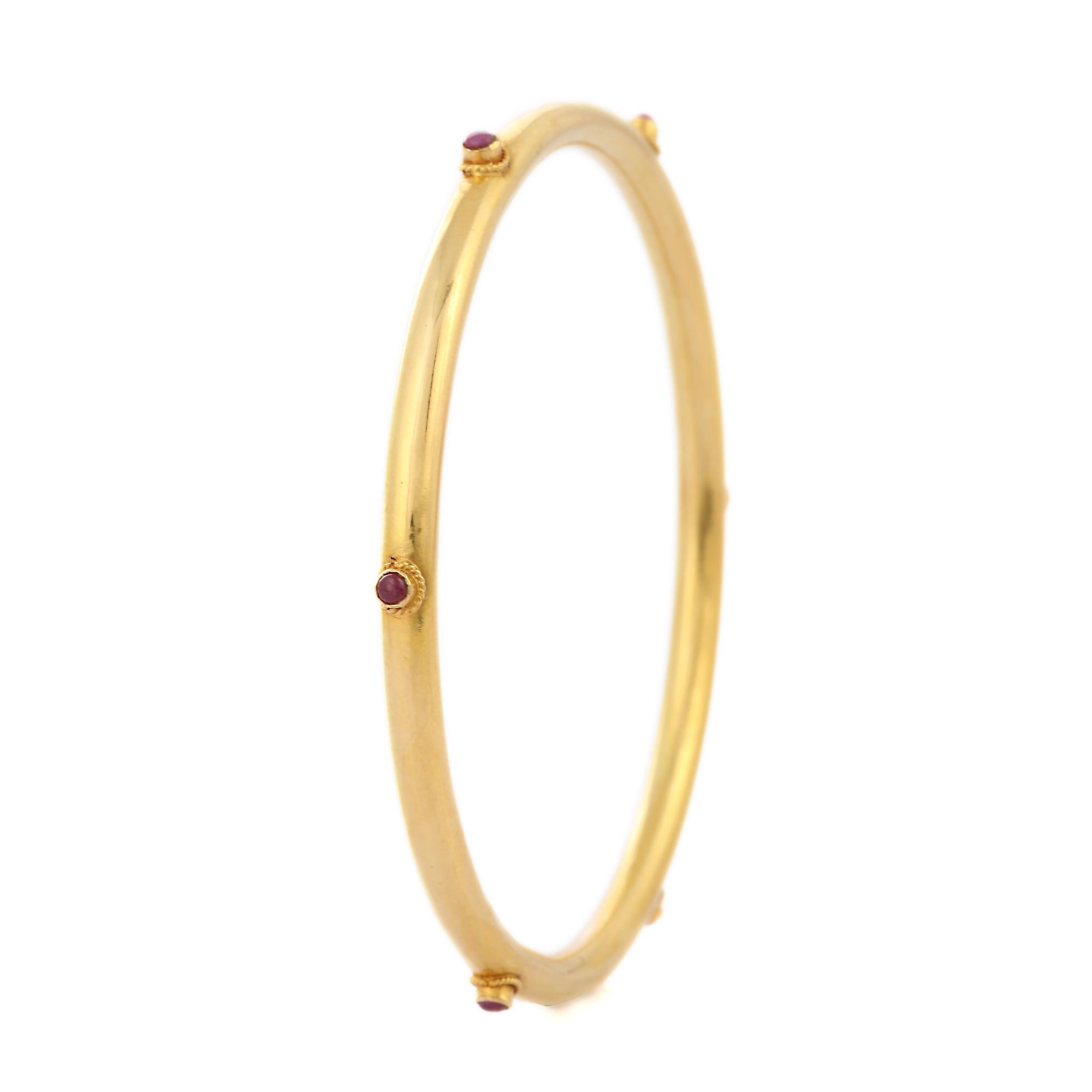 Artisan Ruby 18K Solid Yellow Gold Gemstone Bangle For Sale