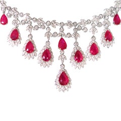 Ruby 19.76 Carat, and Diamond Necklace Earrings Set