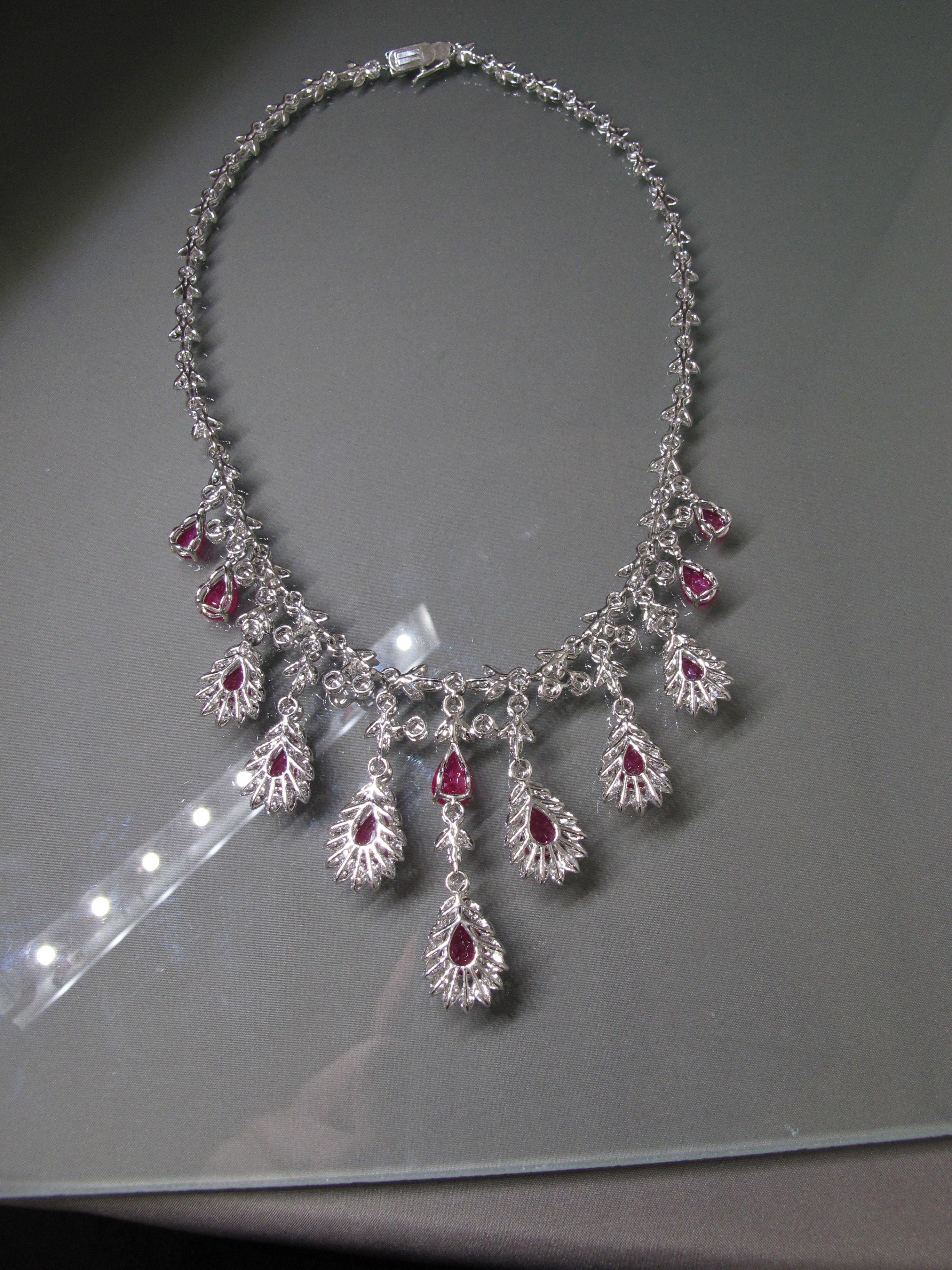 Women's Ruby 19.76 Carat, and Diamond Necklace Earrings Set