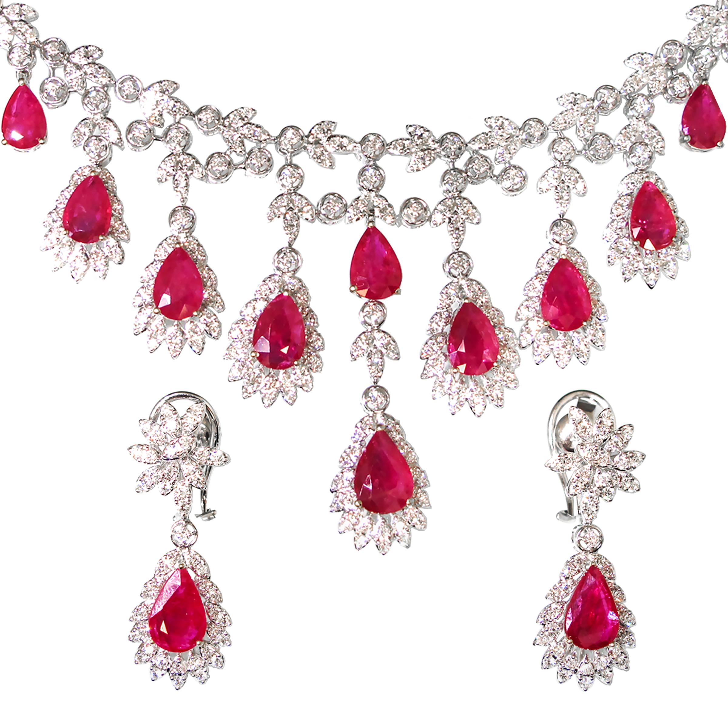 Ruby 19.76 Carat, and Diamond Necklace Earrings Set