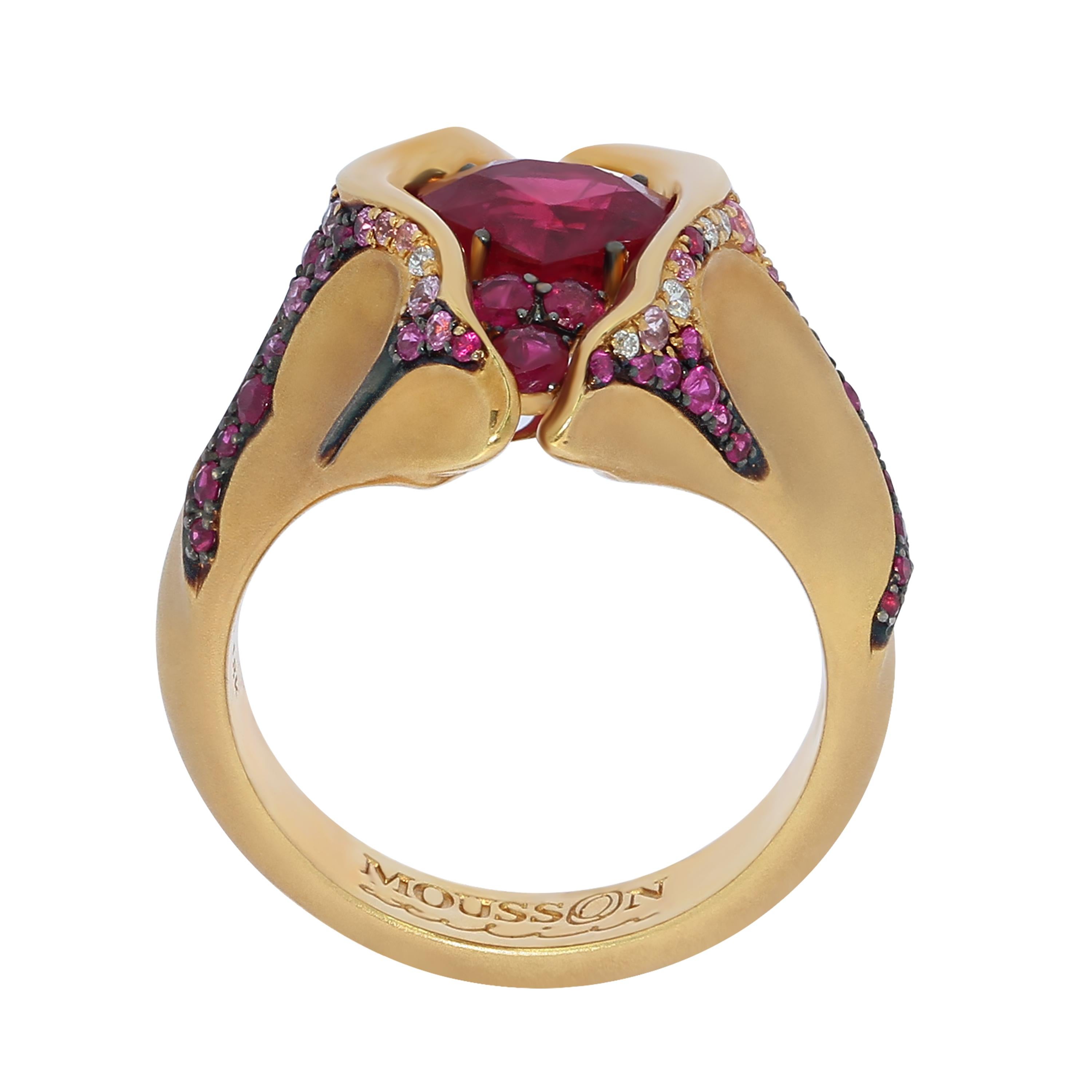 Ruby 2.04 carat Diamond Pink Sapphire 18 Karat Yellow Gold HeartBeat Ring
Ring from the HeartBeat Collection. Сomposition resembles an exploded volcano, from the mouth of which lava flows from all sides. Center of the Yellow 18K Gold 