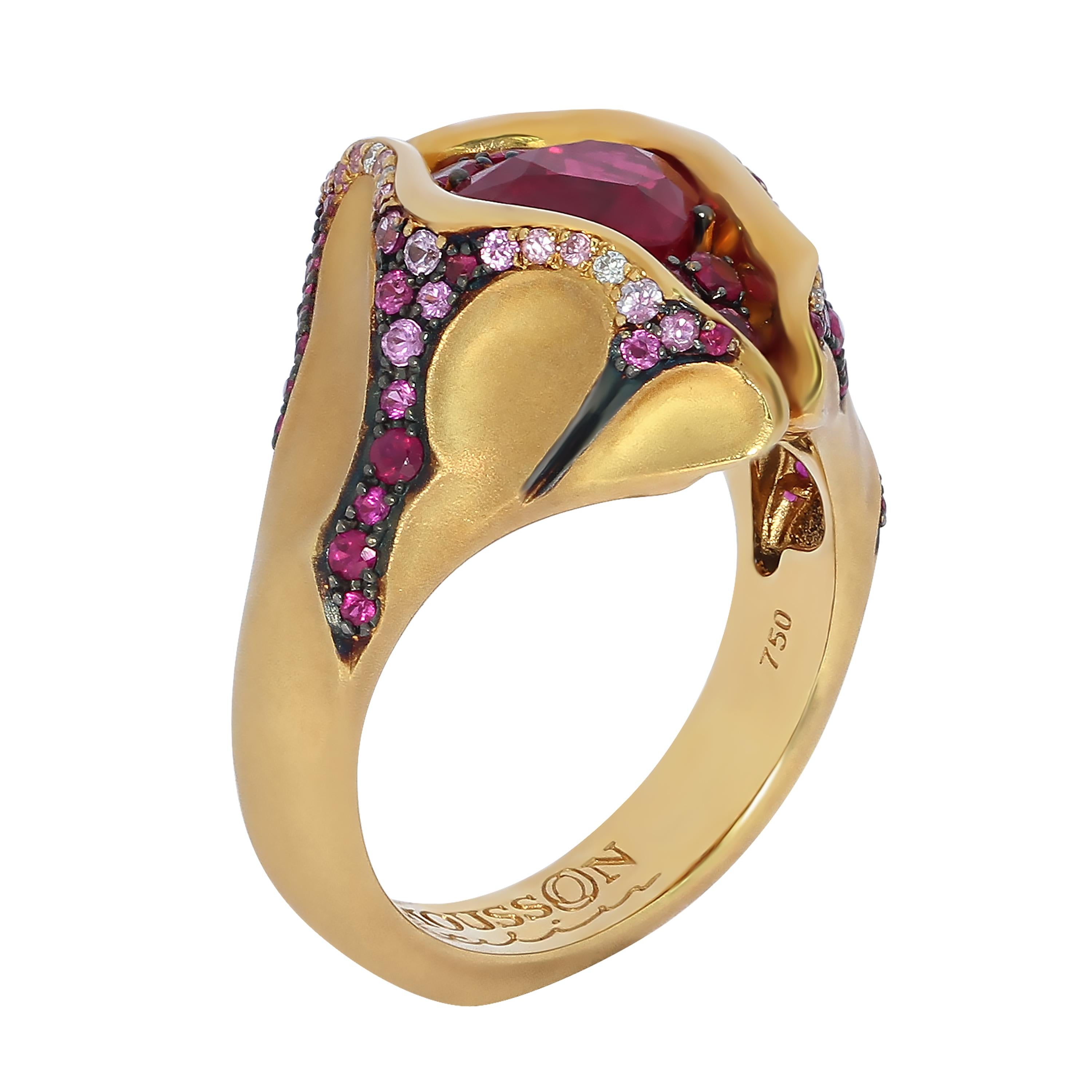 Contemporary Ruby 2.04 Carat Diamond Pink Sapphire 18 Karat Yellow Gold HeartBeat Ring