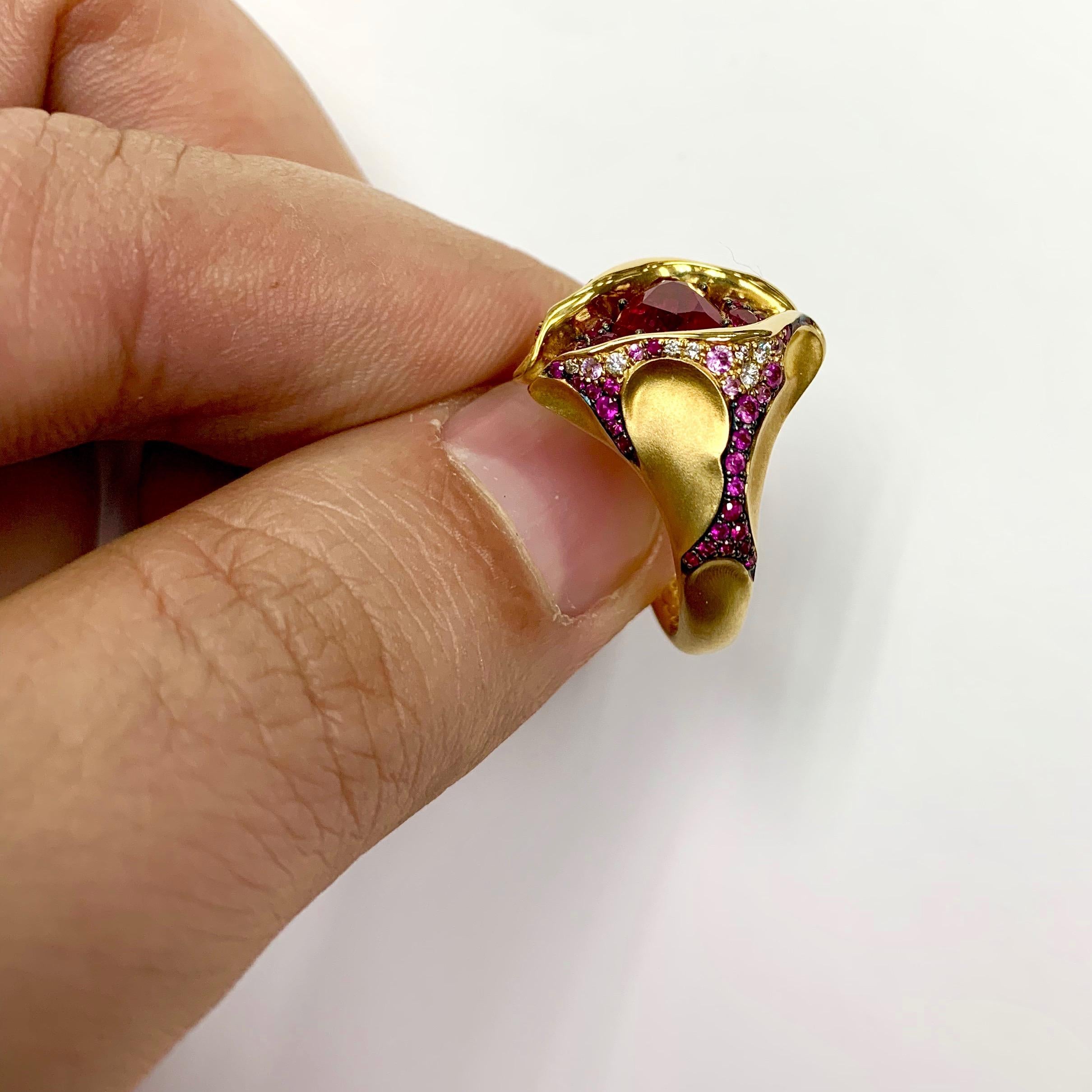 Women's Ruby 2.04 Carat Diamond Pink Sapphire 18 Karat Yellow Gold HeartBeat Ring