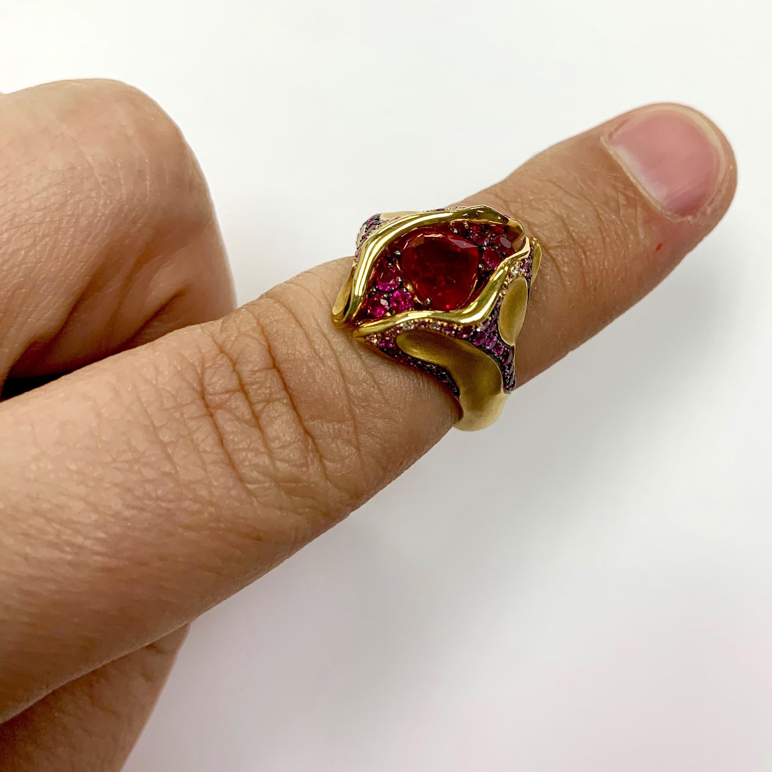 Ruby 2.04 Carat Diamond Pink Sapphire 18 Karat Yellow Gold HeartBeat Ring 3