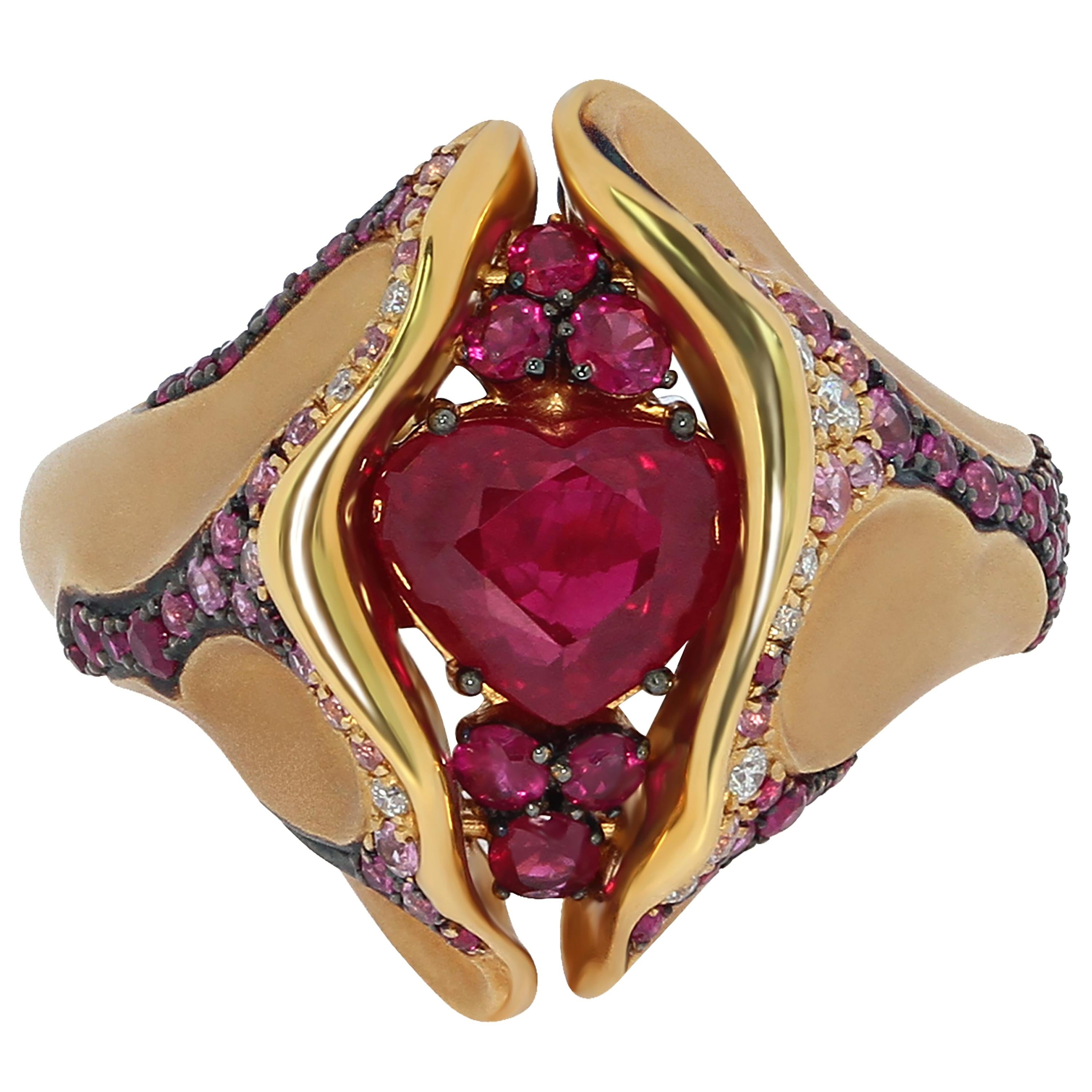 Ruby 2.04 Carat Diamond Pink Sapphire 18 Karat Yellow Gold HeartBeat Ring
