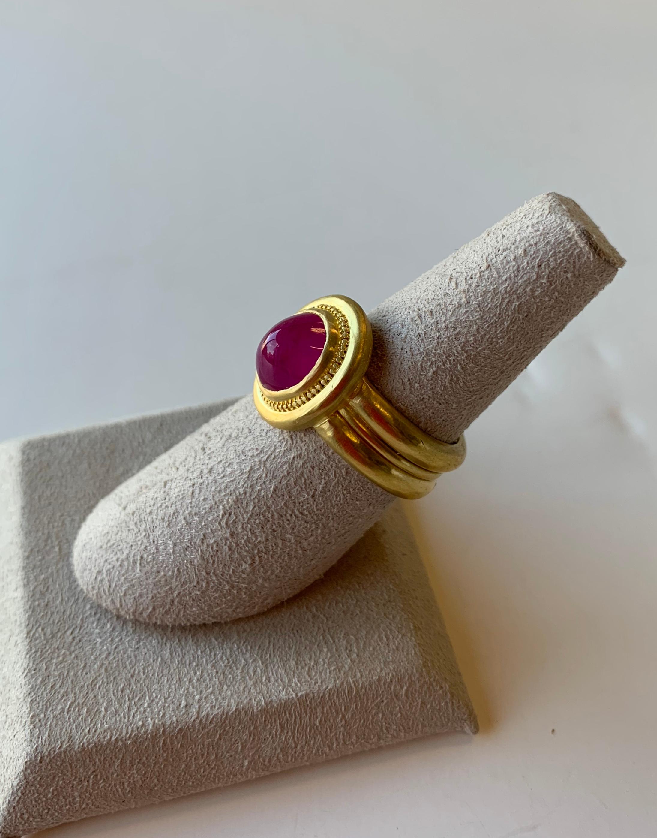 A stone that has been referenced since biblical times, rubies are considered one of the four cardinal gems. In ancient times, ruby stones were kept under a building foundation, to strengthen its structure. 
Sugarloaf cabochon ruby ring 22 karat gold