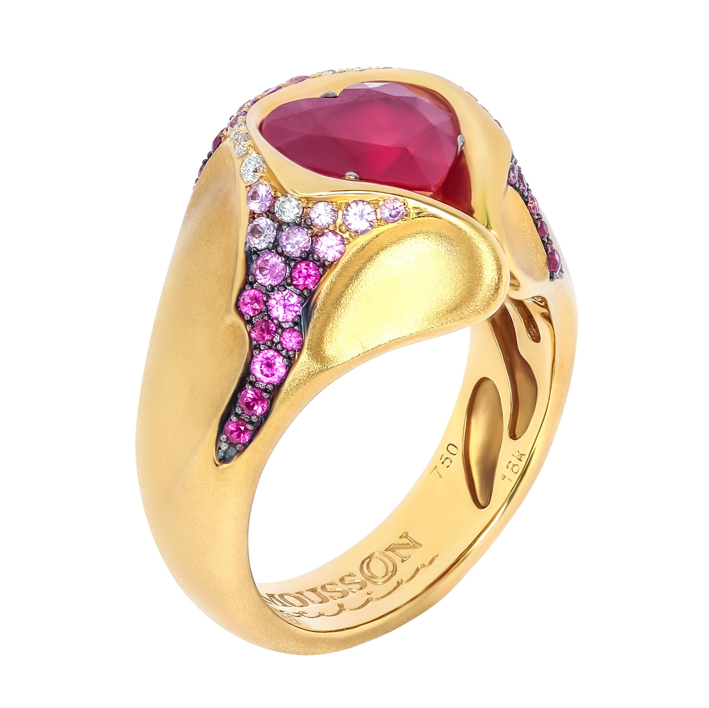 Ruby 2.20 Carat Diamond Pink Sapphire Rubies 18 Karat Yellow Gold HeartBeat Ring
Ring from the HeartBeat Collection. Сomposition resembles an exploded volcano, from the mouth of which lava flows from all sides. Center of the Yellow 18K Gold