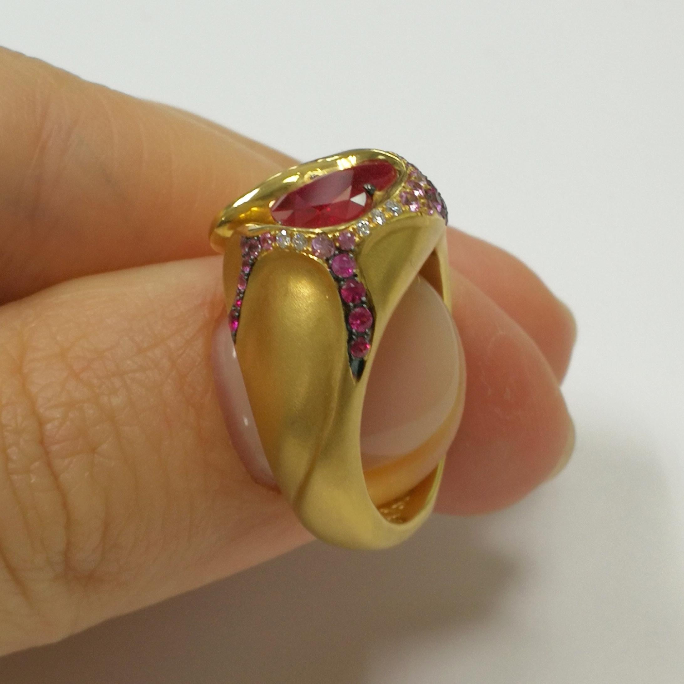 Heart Cut Ruby 2.20 Carat Diamond Pink Sapphire Rubies 18 Karat Yellow Gold HeartBeat Ring For Sale