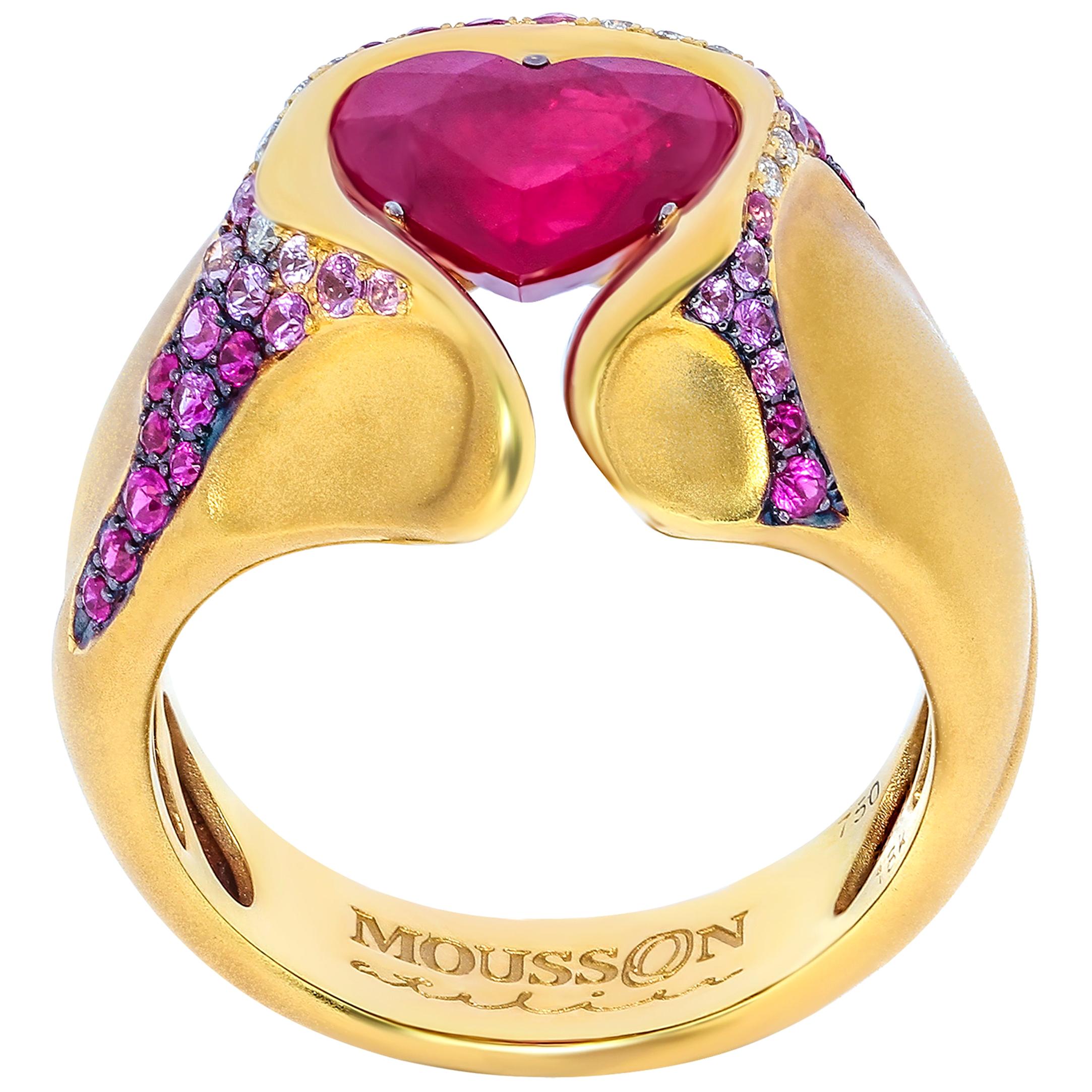 Ruby 2.20 Carat Diamond Pink Sapphire Rubies 18 Karat Yellow Gold HeartBeat Ring